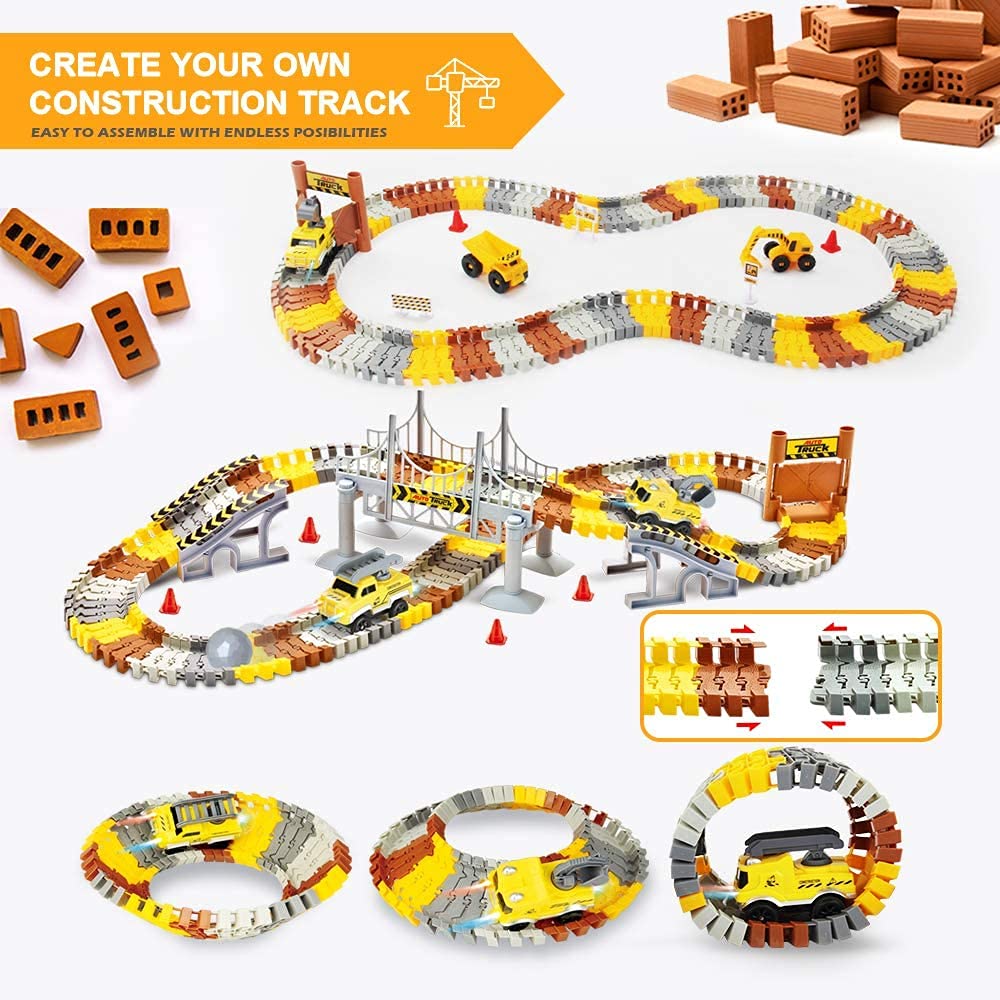 Construction Race Tracks Set, Flexible Train Tracks w/ 2 Electric Construction Race Vehicles w/Lights, STEM Engineering Race Track Toys with Dump Truck, Crane Assort Acessories for Boys Girls