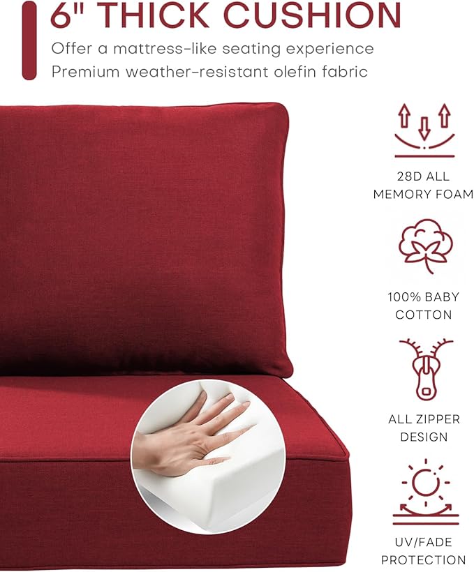 Luxury 22x24/22x25 6-Inch Outdoor Seat Cushions - Set of 2 Water Resistant Patio Chair Replacement Cushion for Porch Rattan Dining Rocker Glider Chairs Loveseat Couch Sectional Sofa - Red