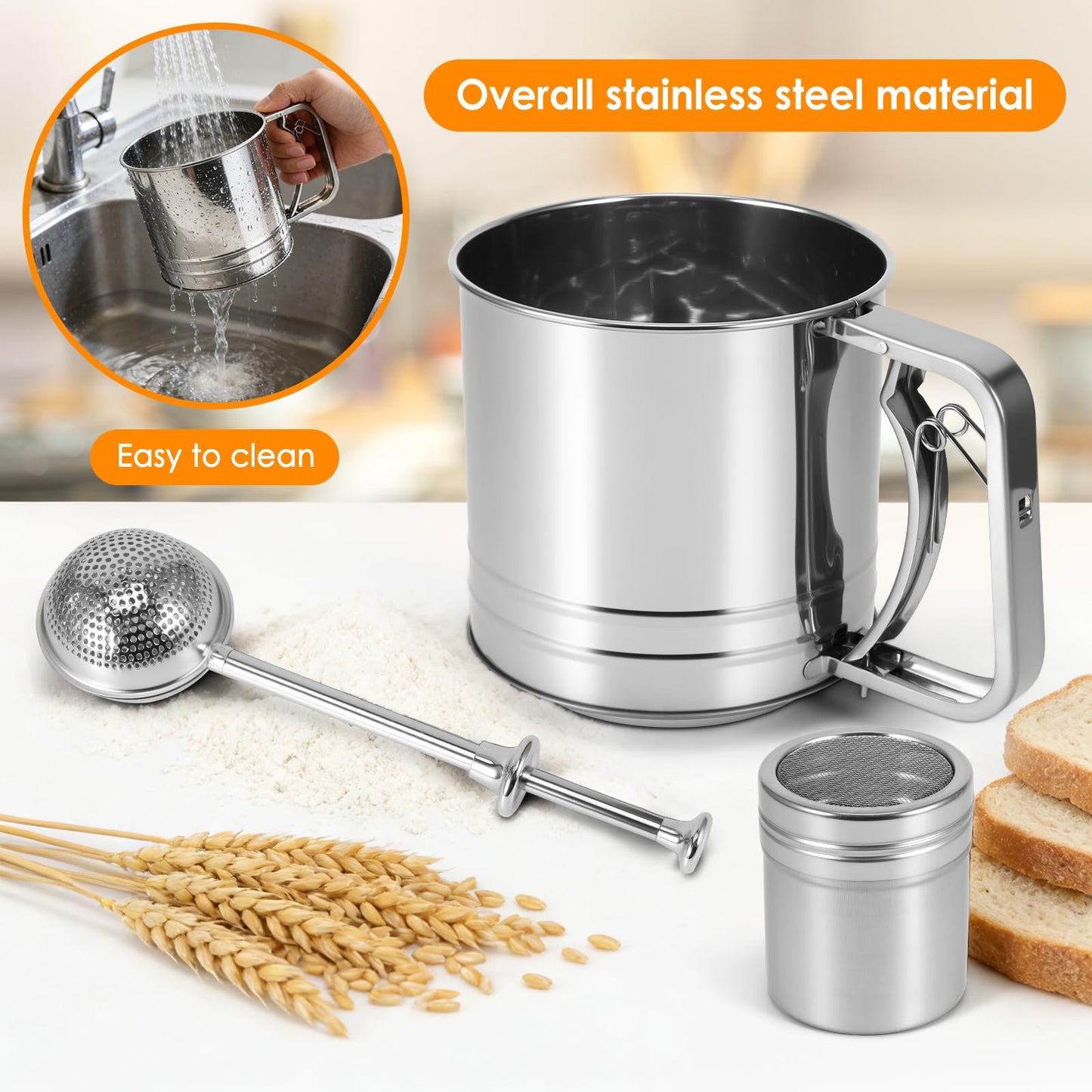 Flour Sifter for Baking, 3 in 1 Stainless Steel 3 Cup Flour Sieve Fine Mesh Sifter, Double-layer Squeeze Baking Sifter, Powdered Sugar Shaker Duster Set for Baking Cakes, Pastries, Cupcakes, Desserts