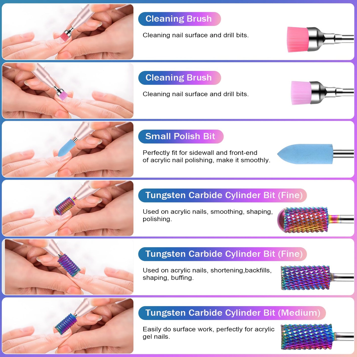 Cellentool 25Pcs Nail Drill Bits Set, 3/32 Inch Tungsten Ceramic Diamond Carbide Nail Drill Bits for Acrylic Gel Polish, Cuticle Efile Remover for Manicure Pedicure