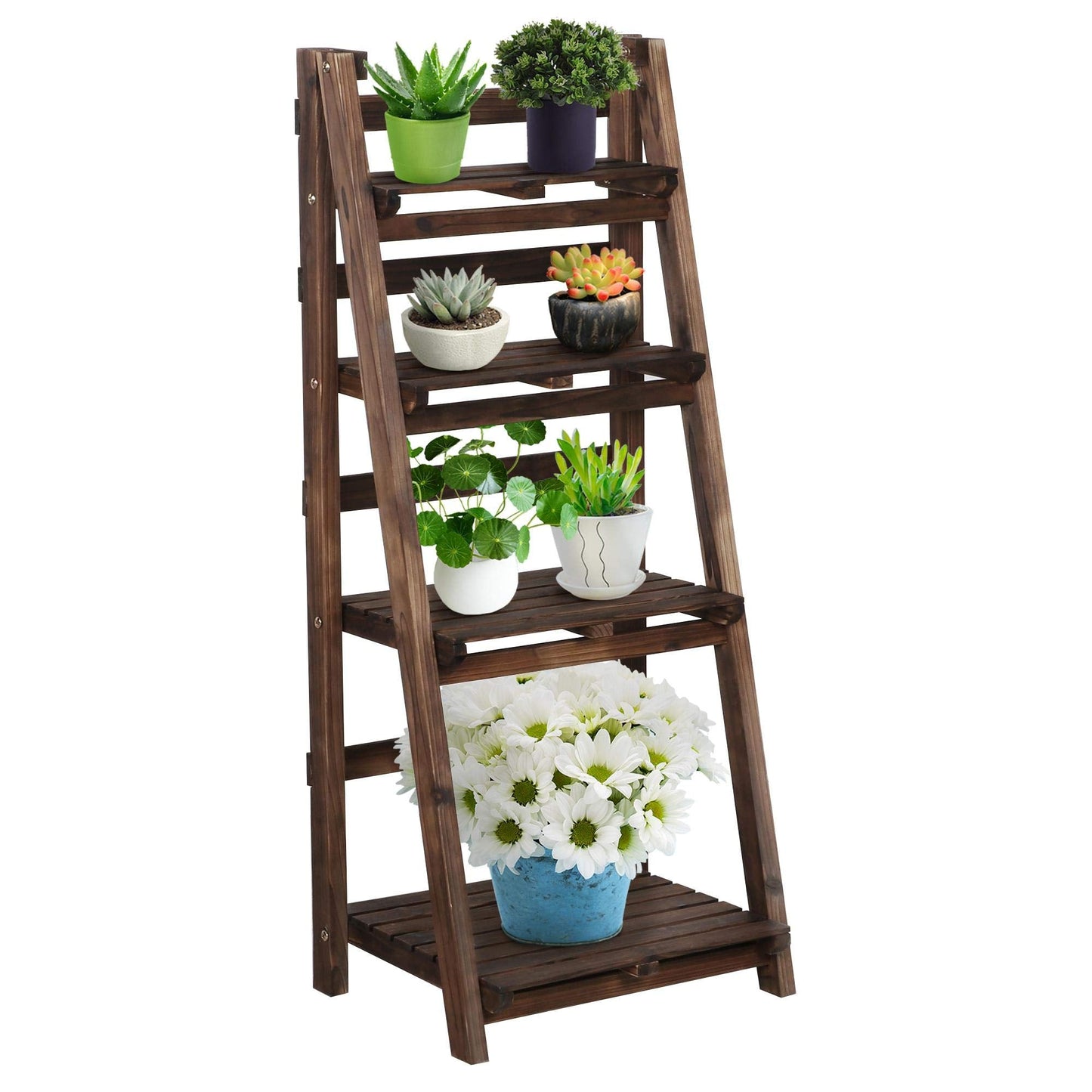 Yaheetech Wooden Foldable Ladder Shelf 4-Tier Magazine Holder Book Rack Plant Stand Folding Flower Display Pot Decorative Storage Free Standing Indoors/Outdoors Rustic No Assembly Required Brown