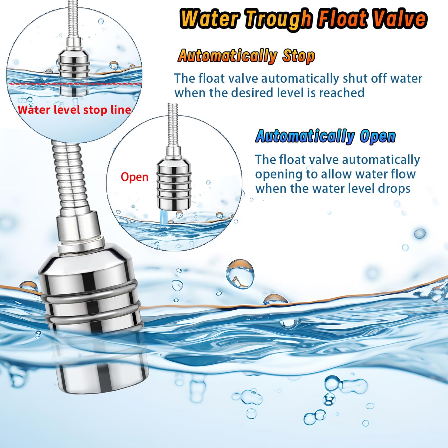 2-Pack NPT 1/2" Float Valve, Leak-Proof 304 Stainless Steel Automatic Water Level Control Float Valve with 1/2" 3/4" Premium 304 SS Connections for Water Trough Fish Tank Pool Livestock