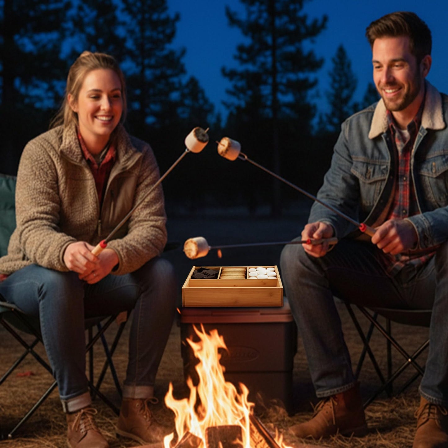 LemonRoad 13.4 x 11.2 x 3.5 Inch Smores Kits, Bamboo S'Mores Kit Box with Lid, 6 Extendable Roasting Sticks & Carry Bag, Portable Camping Cookware Set for Outdoor Picnic Backyard Party Family Fun
