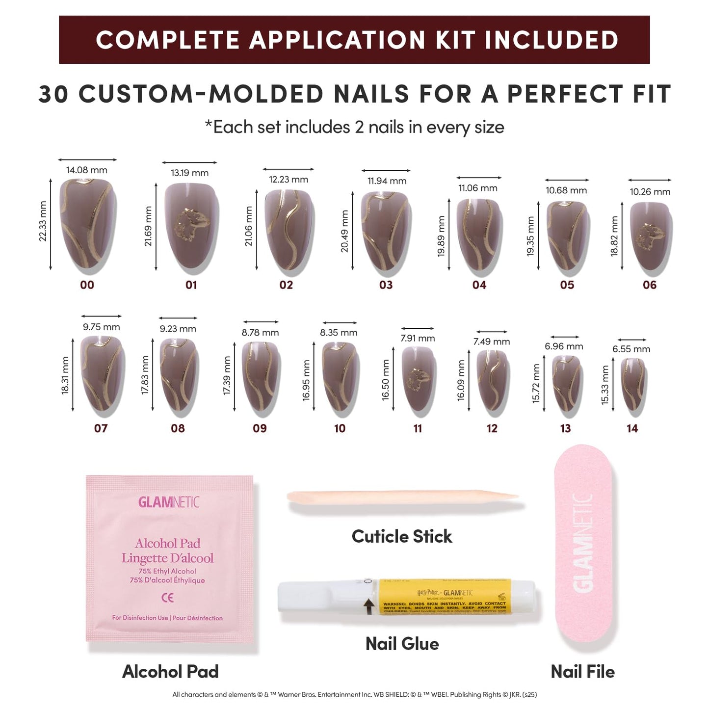 Harry Potter™ x Glamnetic Press On Nails - Golden Cup™ | Semi-Transparent Brown 3D Gold Graphic Short Almond Fake Nails in a Chrome & Glossy Finish | 15 Sizes - 30 Nail Kit with Glue