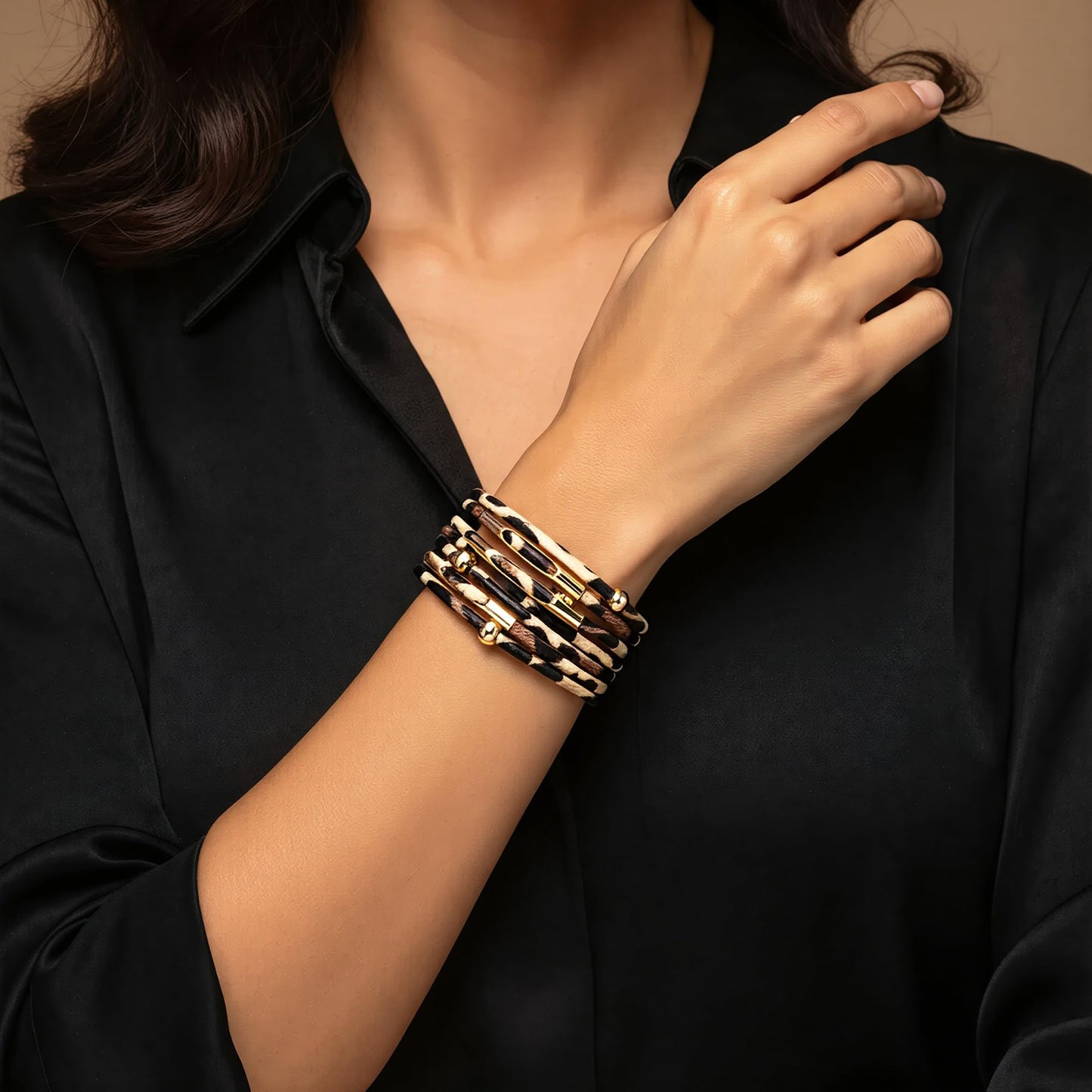 Fesciory Leopard Bracelet for Women, Boho Leather Wrap Multi-Layer Pearl Crystal Bracelet Bangle Jewelry(Brown Leopard)
