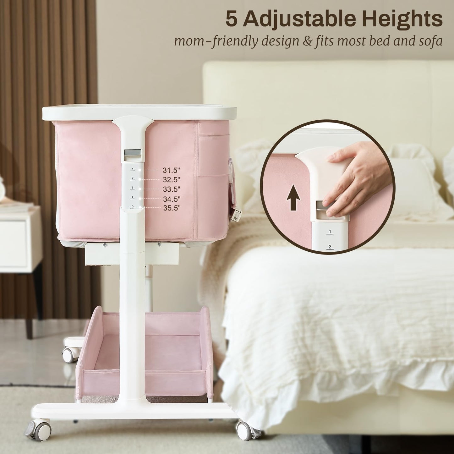 Staroyal Electric Bassinet Baby Cradle 3 Rocking Motion, 3 in 1 Baby Bassinets for Newborn with 5 Heights Adjustable, Girl/boy Automatic Rolling Bedside Sleeper, Pink