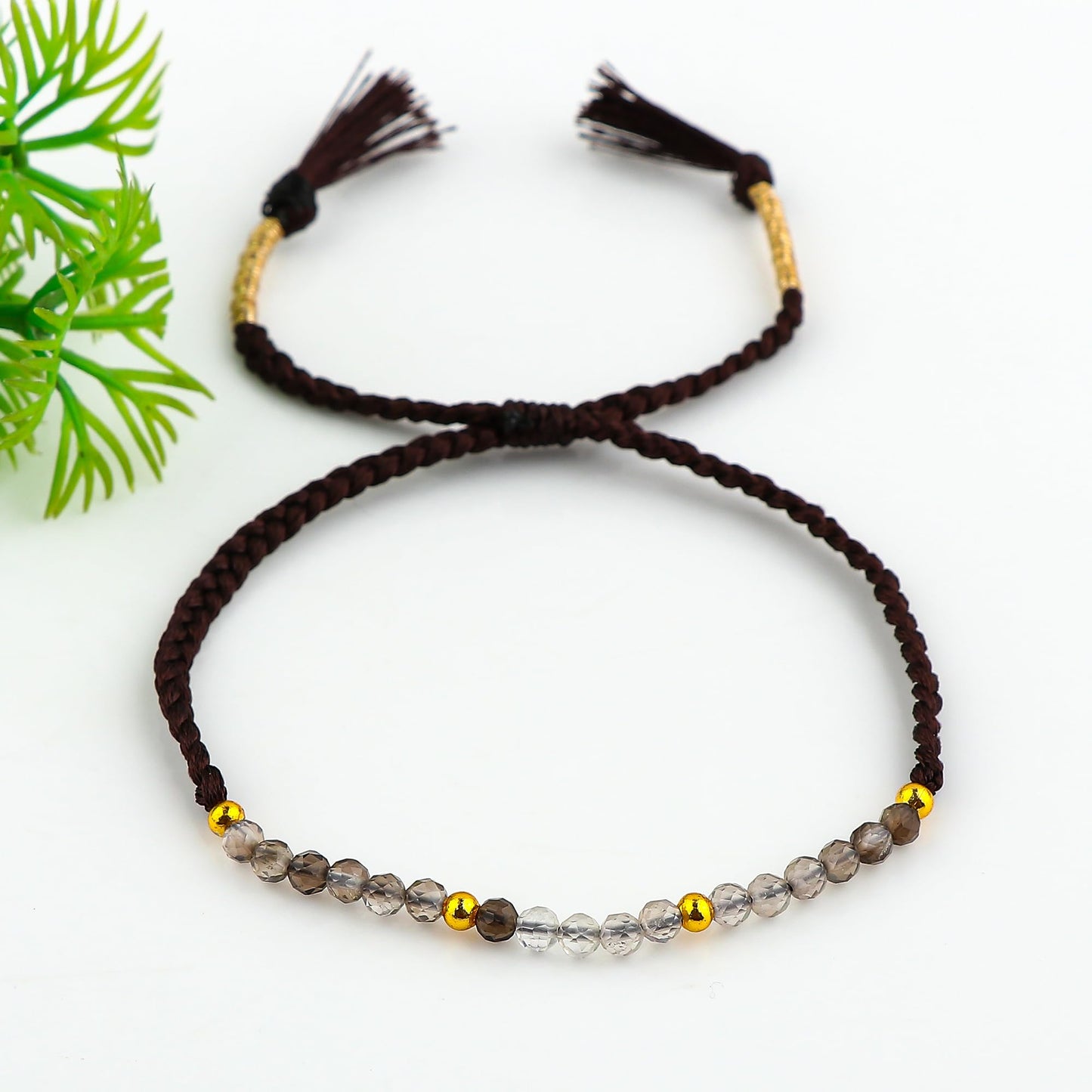 GEMSYMPHONY Smoky Quartz Gemstone Beads Braided Bracelet – 3.5mm Natural Stone Beads, Handmade Adjustable Braided Rope Bracelet, Healing Crystal Jewelry for Men & Women, Unisex Boho Gift