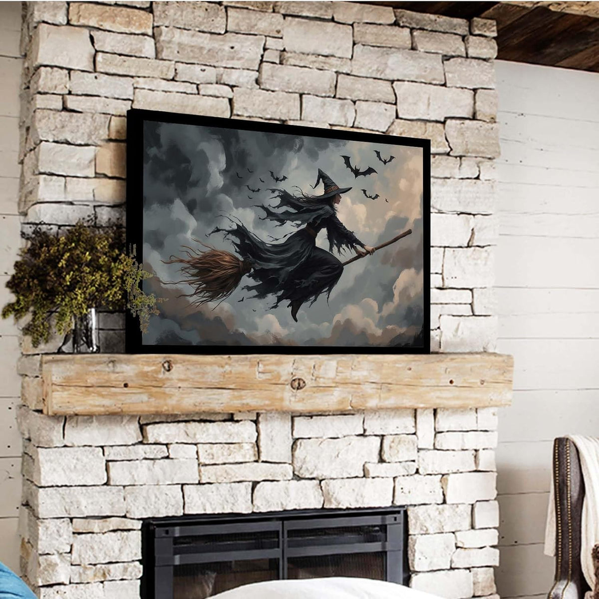 JFHCQJPK Witch and bat flying Halloween poster suitable for home party wall decoration retro Halloween preppy style wall art canvas print suitable for room decoration24x36in Metal blackFramed
