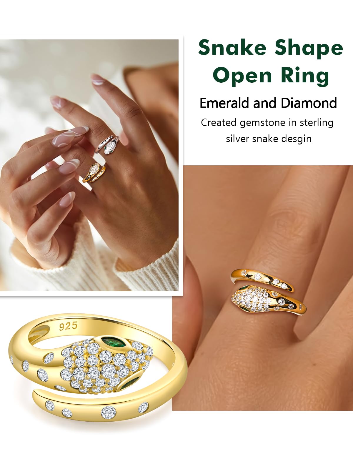RANDES Snake Rings for Women Gothic Jewelry 925 Sterling Silver Adjudtable Statement Cocktail Ring Emerald Cz Yellow Gold Plated Ring Size 8