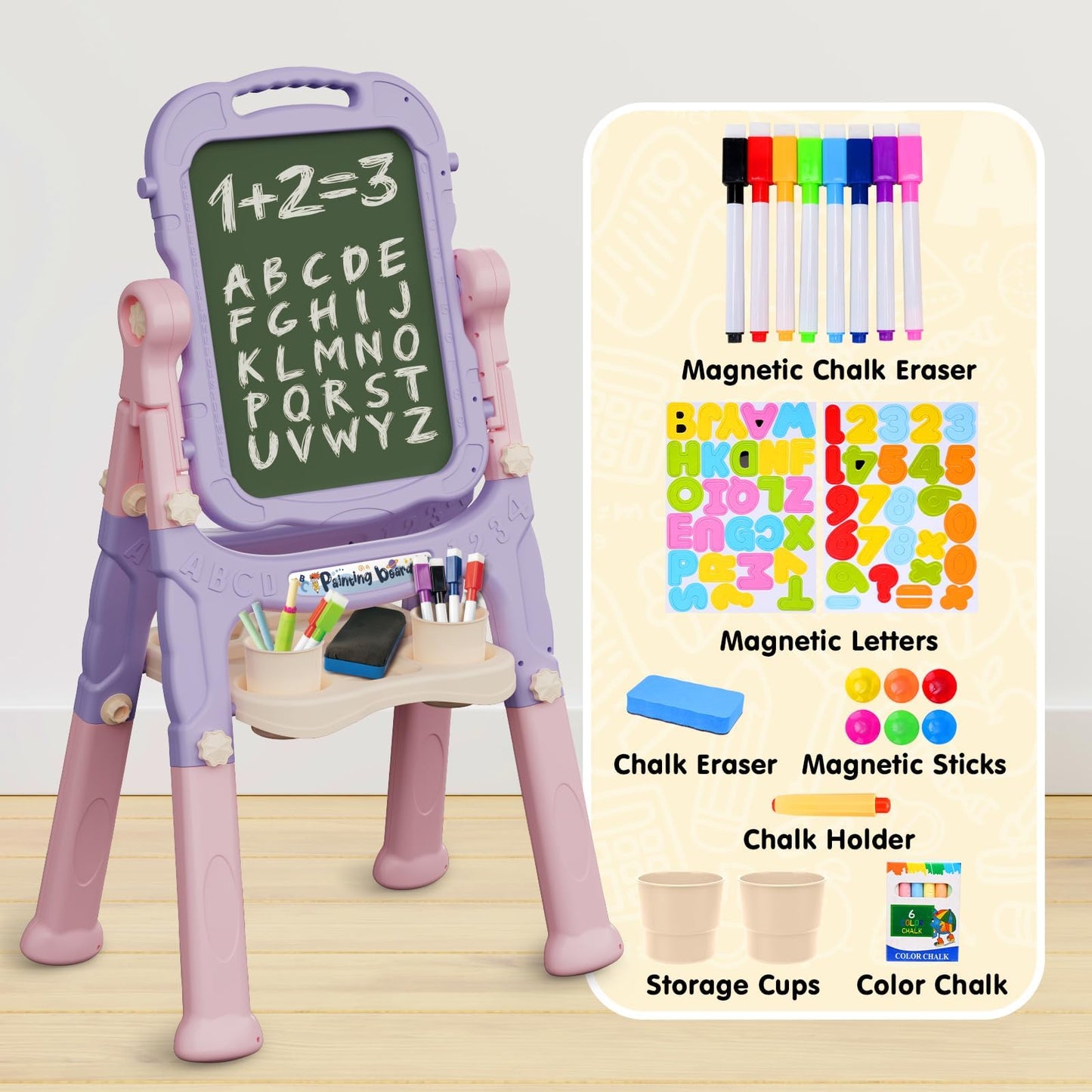 AuntyFey Easel for Kids, Toddler Easel, Double-Sided Chalk Board Kid, White Board, Kid Art Easel, Art Easel Age 4-8, Christmas Gift, Pink&Purple