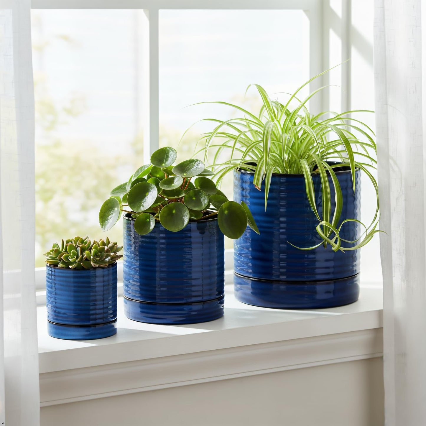 HASENSE 3 Piece Ceramic Plant Pots, 8/6/4.6 Inch, Indoor Pot for Plants with Drainage Holes and Saucer, Modern Flower Planter for Home Office, Rective Glaze Blue