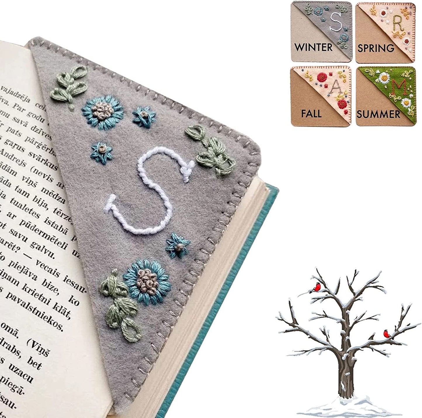 Personalized Hand Embroidered Corner Bookmark, 26 Letters Cute Flower Embroidered Corner Bookmark Embroidery Book Marker Clip for Book Lovers Bookmarks for Reading Lovers Meaningful GIF (Summer, T)