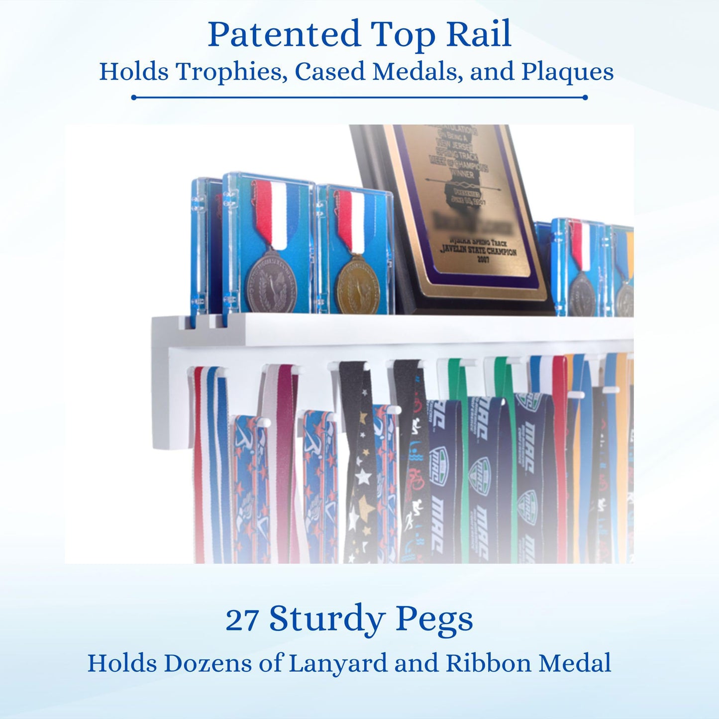 3ft Medal Hanger Display for Wall — Trophy Shelf with Hooks for Medals — 36" Solid Wood — Holds 30+ Medals + Cased Medals for Running, Gymnastics, Cheer, Karate — White- Medal Awards Rack