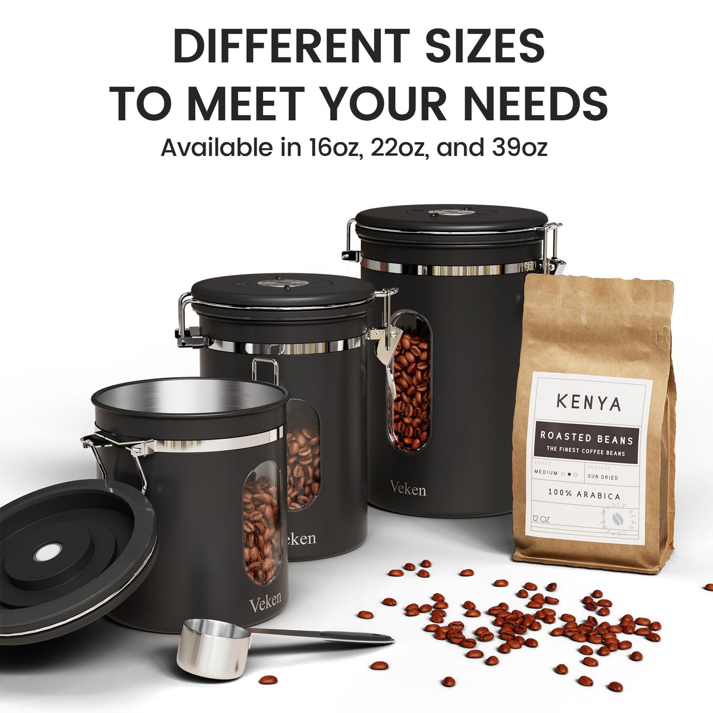 Veken Large Coffee Canister with Window, Kitchen Food Storage Airtight Stainless Steel Container for 2.2lbs Coffee Beans, Grounds, Rice,Tea, Flour, Cereal, Sugar Jars,Date Tracker and Scoop 39oz,Black