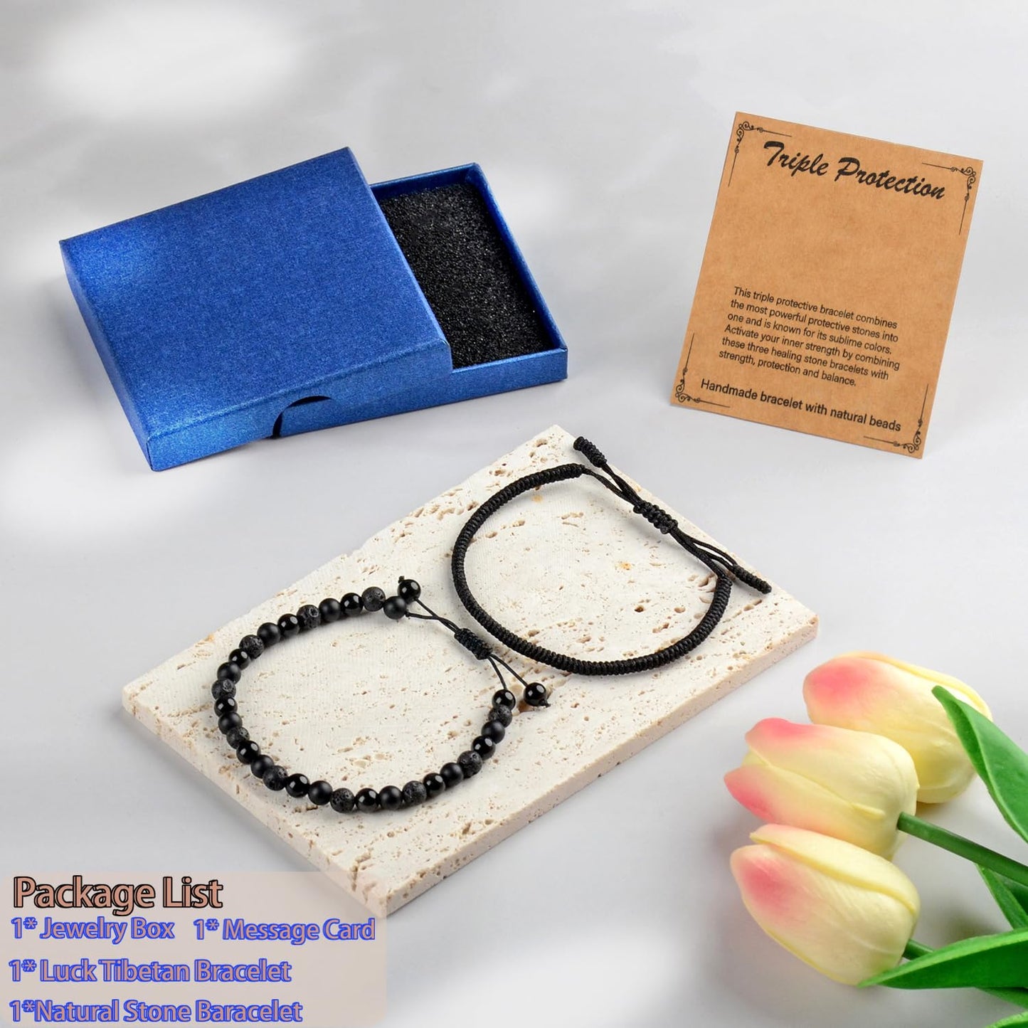 LPBeads 6mm Onyx Lava Obsidian Mixed stone Bracelet with Handmade Rope Bracelet Size Adjustable Natural Stone Crystal Healing Bracelets Gifts for Unisex Adults