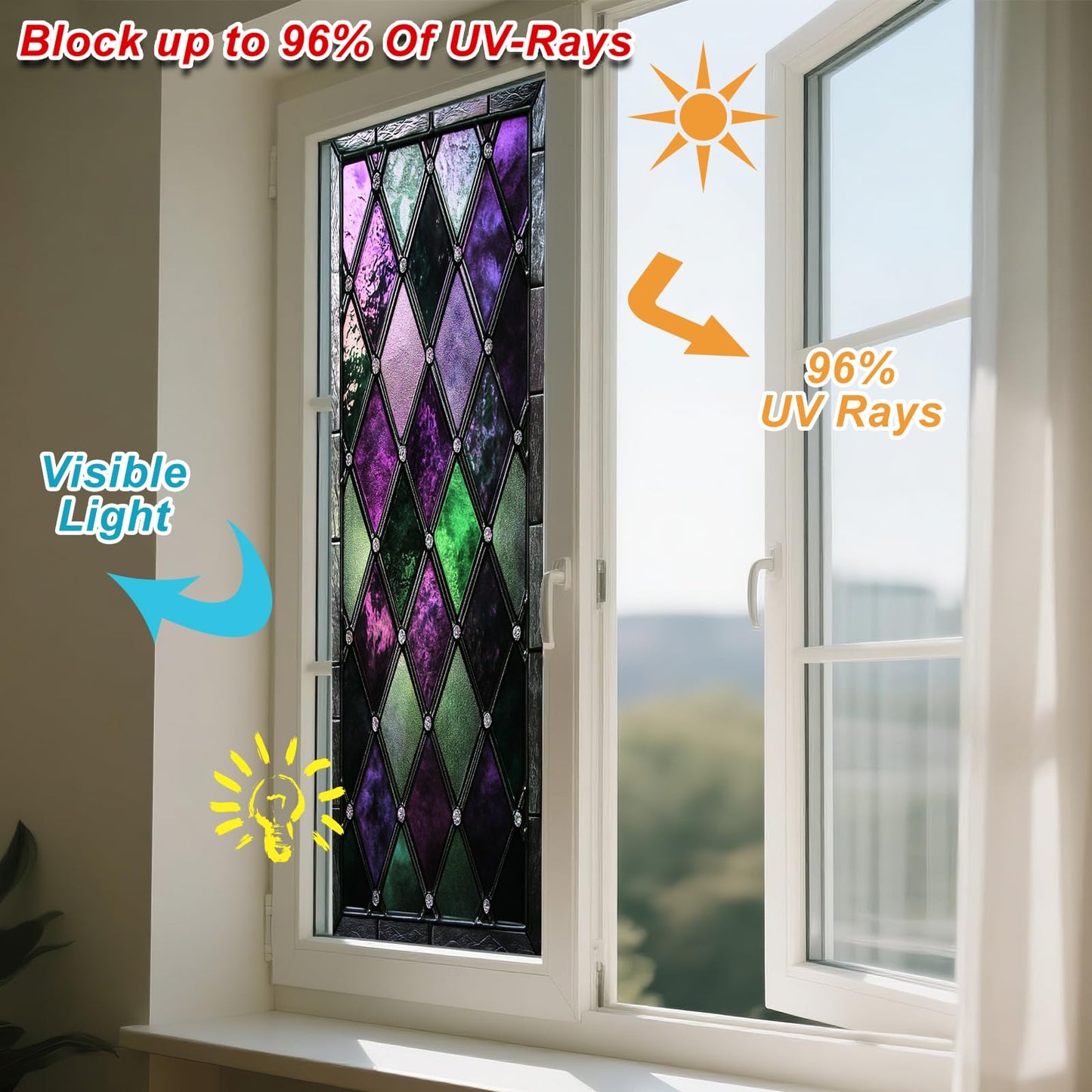 IVN Privacy Window Film Stained Glass Window Cling Purple and Green Diamond Design Decorative Static Cling Window Sticker for Bathroom Kitchen Entry Door 17.7 x 39.3 Inch