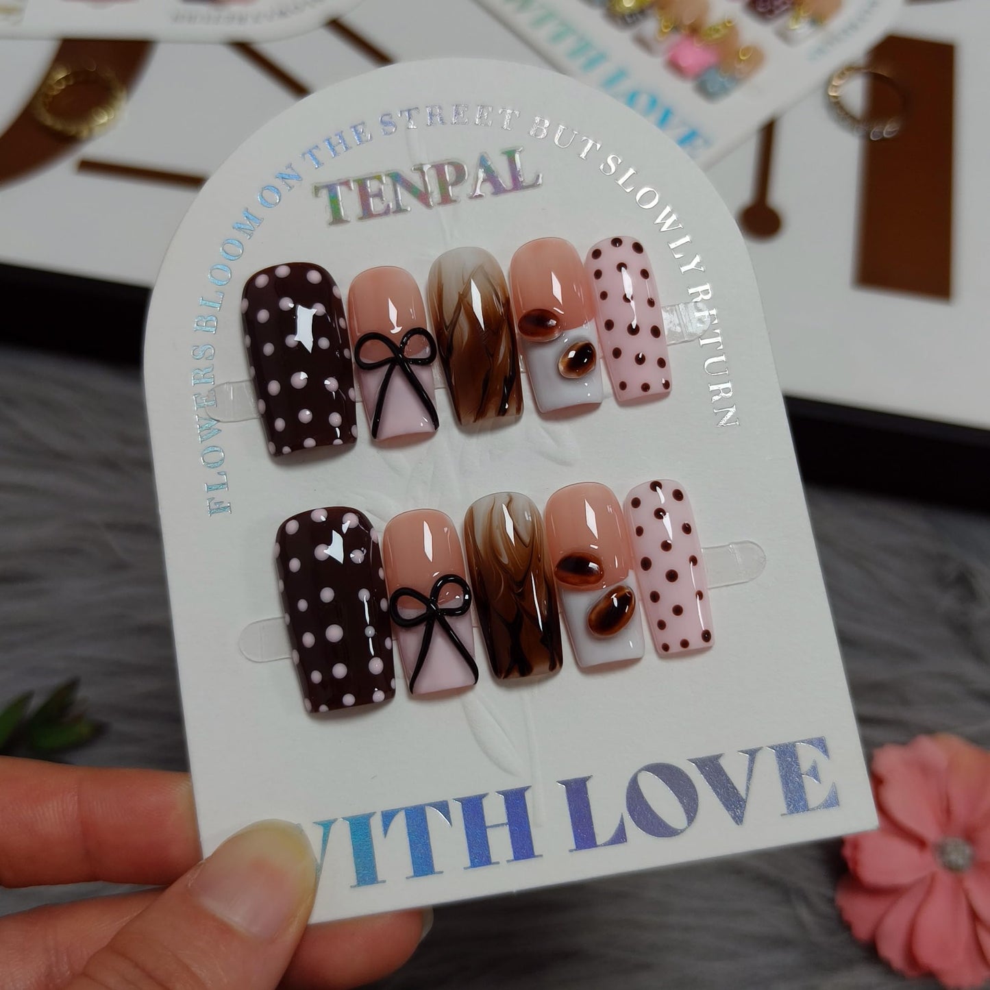 TENPAL Pink Coffee French Tip Press on Nails Medium Square, Polka Dot Ombre 3D Coffee Bean Cute Sweet Girly Reusable Salon False Nails for Daily Wear 10PCS(L)