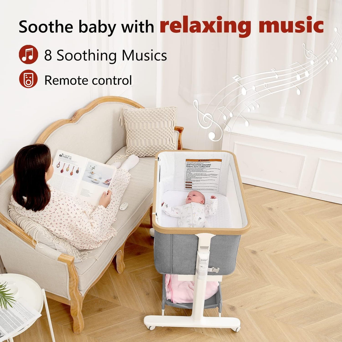 VaVaSoo Electric Rocking Bassinet for Baby 3 Speeds Auto Rolling Newborn Cradle Automatic Bedside Sleeper Rocks Itself 5 Height Adjustable with Music, Wheels, Storage, Light Grey