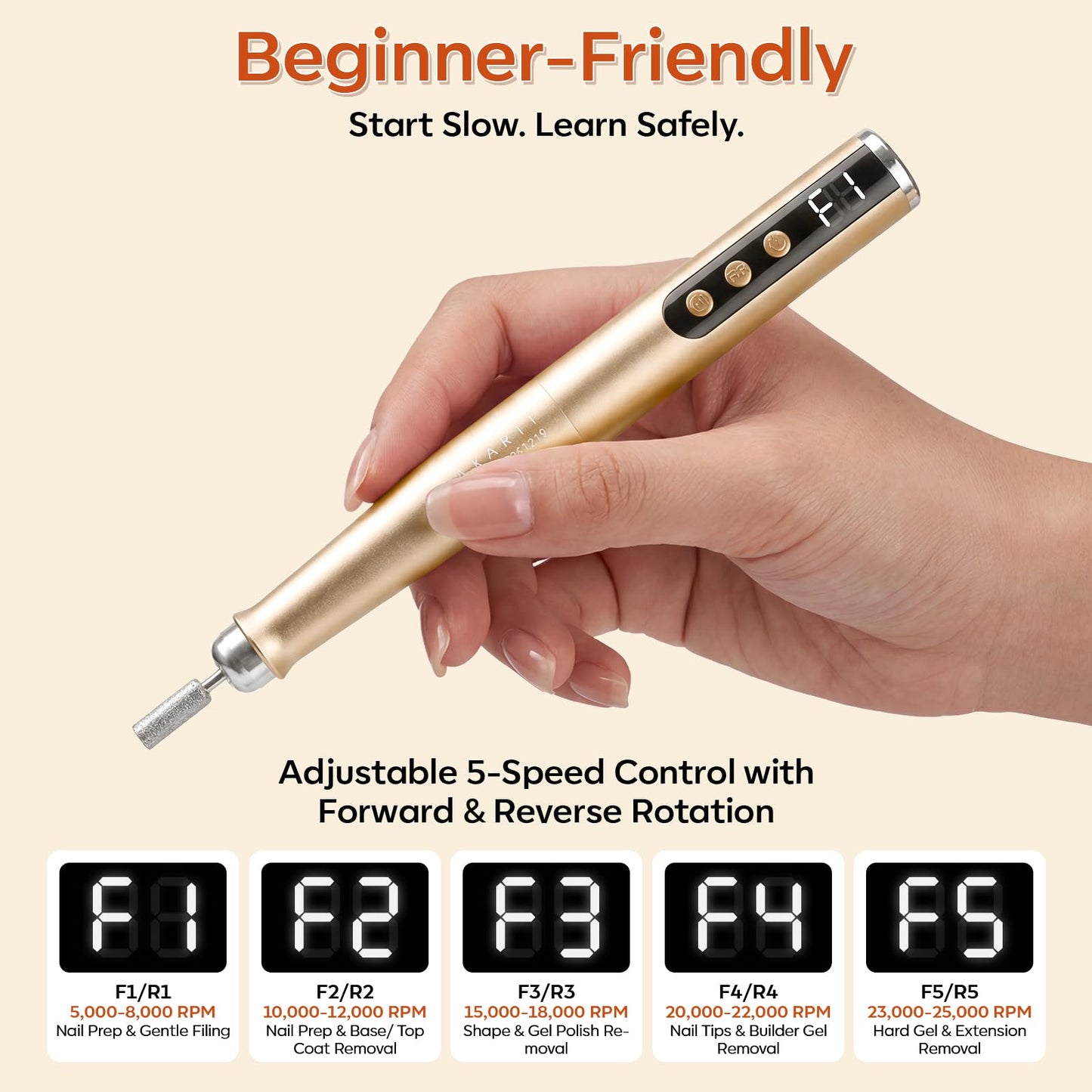 Makartt Pen-Shaped Rechargeable Nail Drill for Beginners: 25,000 RPM Cordless Electric Nail File with 5-Speed LED Display, Lightweight Quiet E File Kit for Gel Polish Removal, Home Travel Use(Gold)