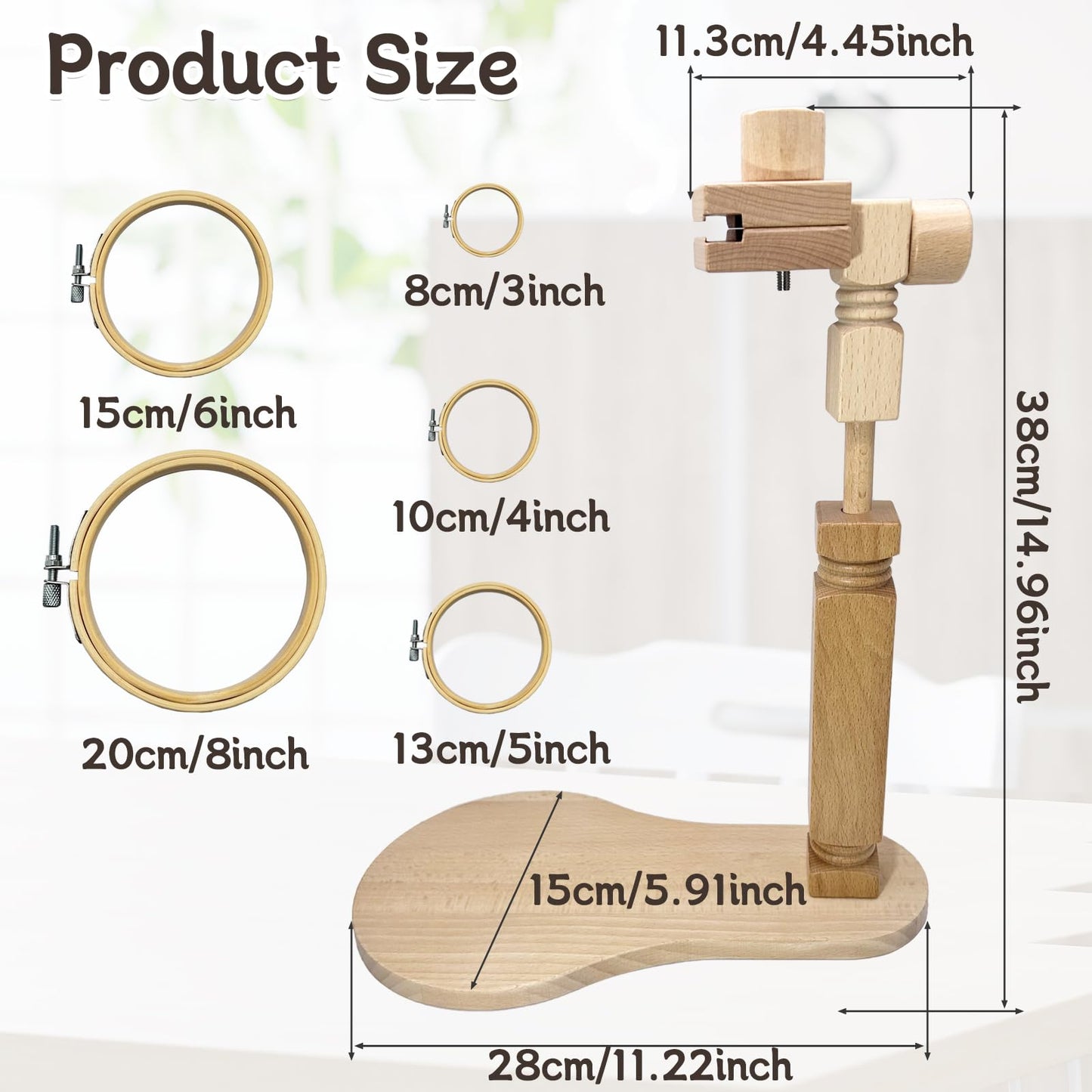 Biaungdo Adjustable Rotated Embroidery Hoop Stand with 5 Pack 5 Sizes Hoop, Wooden Embroidery Holder Frame for Cross Stitch, DIY Craft Sewing Projects