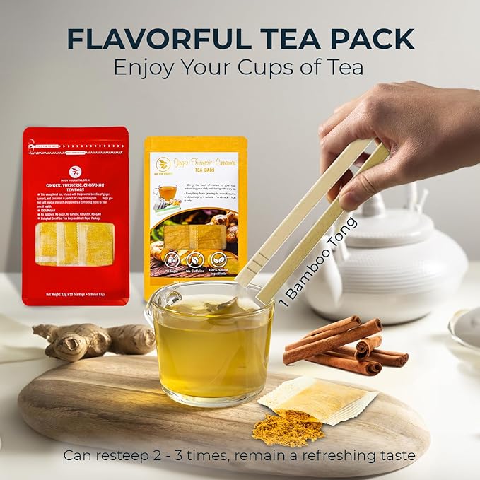 Ginger Cinnamon Turmeric Tea Samplers - 15 Count, Mini Tea Bags, Bamboo Tong Included, Re-Steep Corn Based Tea Bags, No Sugar Added, Natural Herbal Tea for Body Warm, Relax, Refreshing