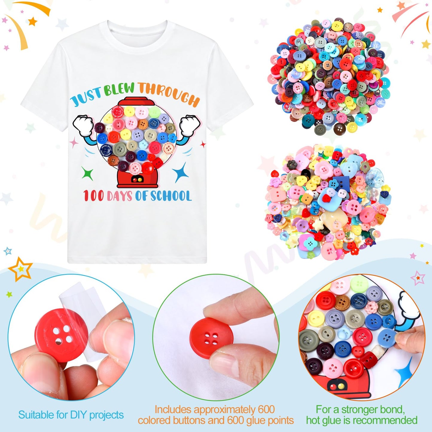 Suncalla 12 Sets DIY 100th Day of School Iron on Decals Craft Kit with Patches Buttons Machine Ice Cream Caterpillar T Shirt Dot Stickers for DIY Art School Party Activity Creative Supplies