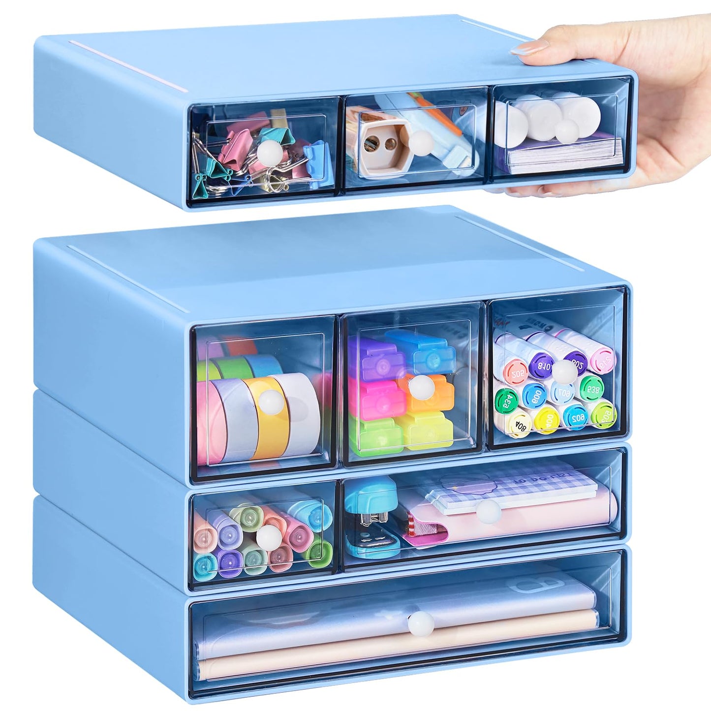 FODIENS Desk Storage Organizer with 9 Drawers, 4 Tiers Stackable Desktop Craft Storage Drawers, Clear Storage Box Caddy for Stationary Makeup Jewelry Office Craft Supplies (Blue)