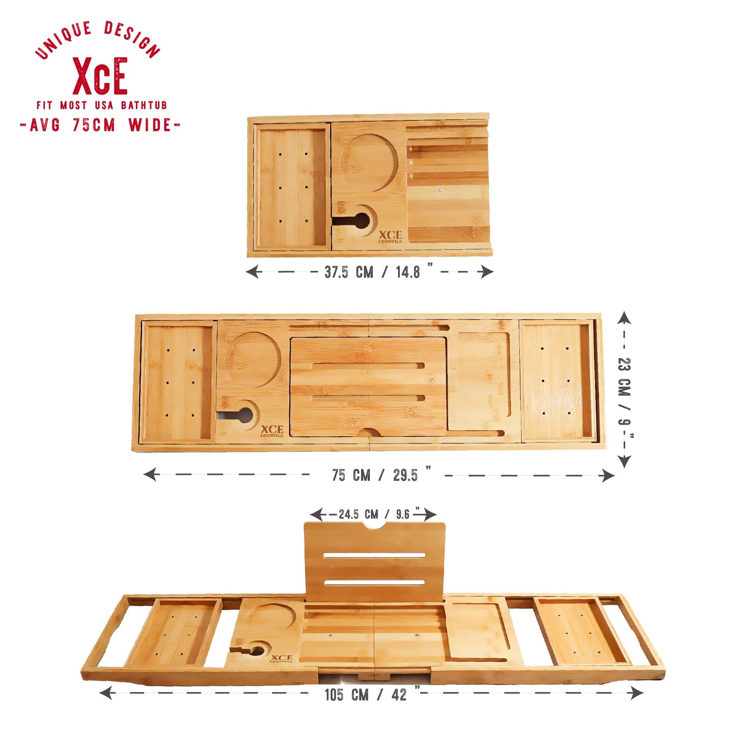 XcE Foldable Bamboo Bathtub Caddy Tray - Expandable to 41 Inches with Non-Slip Pads & Book Stand for Couples Luxury Bath