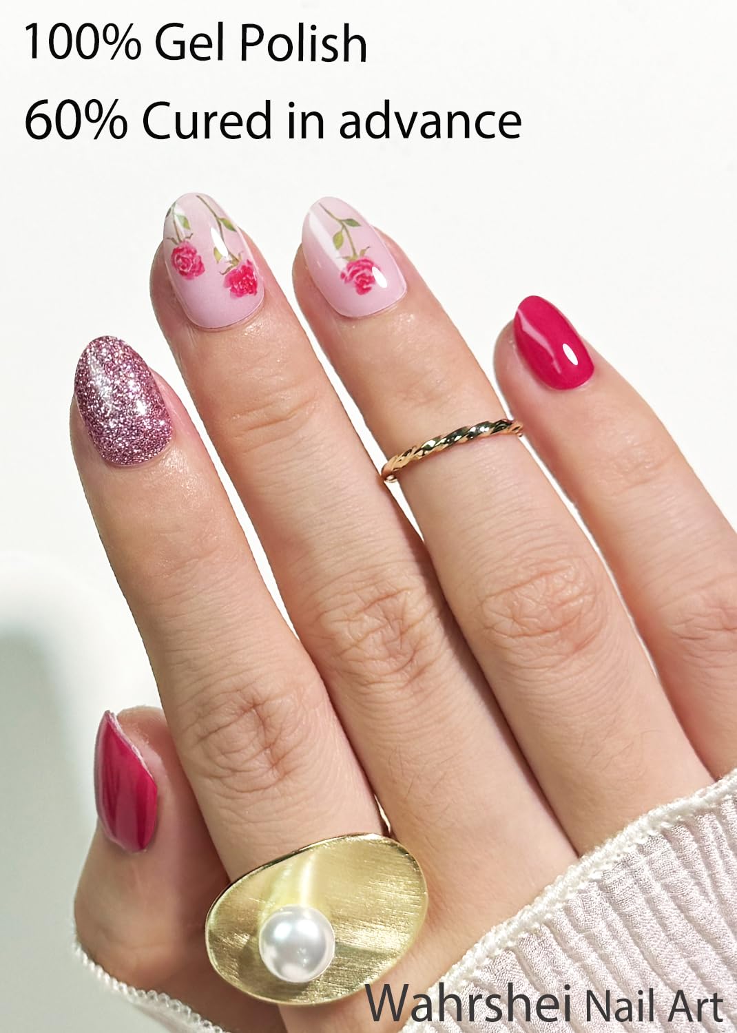 Semi Cured Gel Nail Strips, No LED Lamp Needed, Red Glitter Rose Gel Nail Stickers, Wraps for Home Manicure DIY