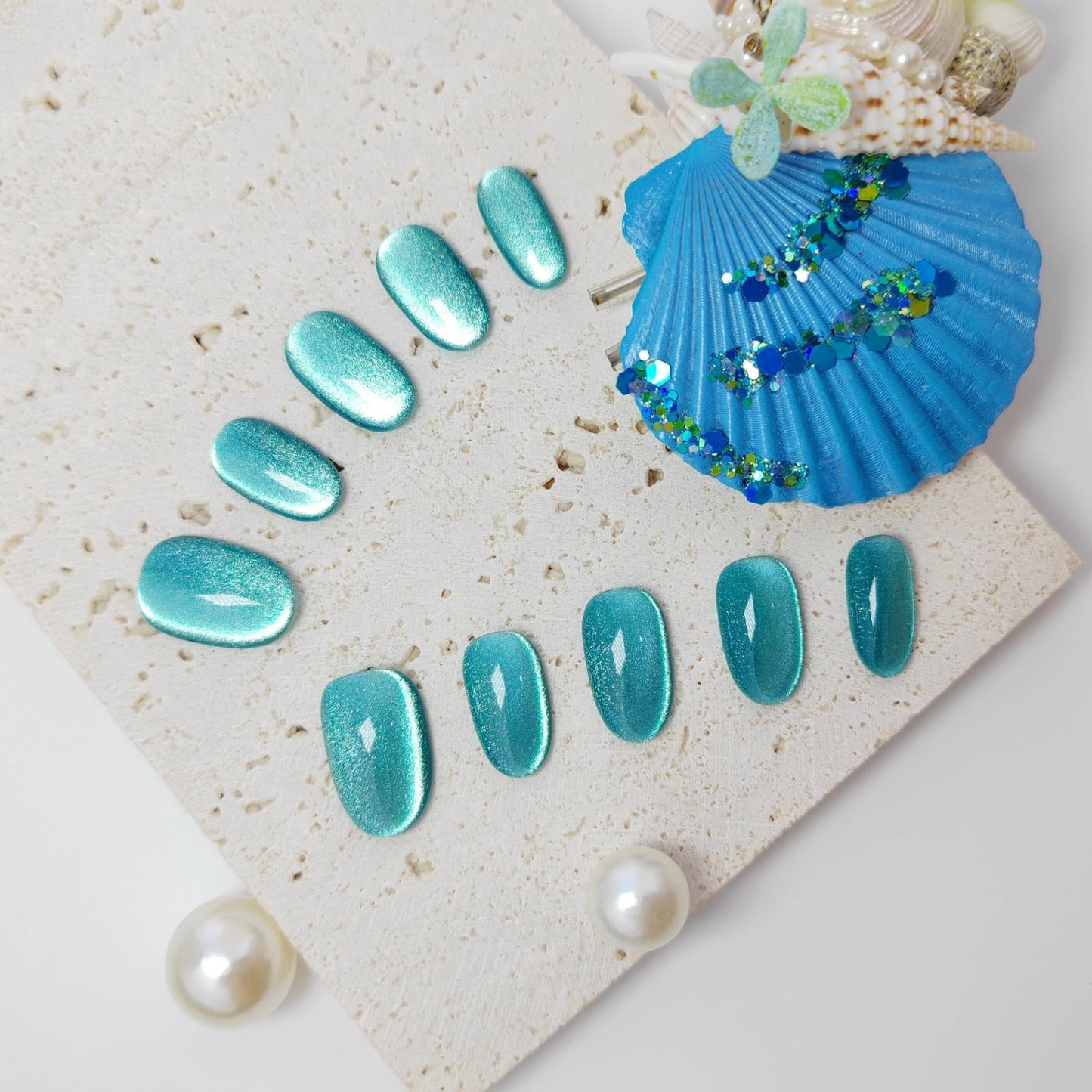 Cat Eye Press on Nails Handmade Short Oval/Square/Round False Nails with French Tip/Aurora/Magnetic Shimmer Designs (Side#Glass Sea S)