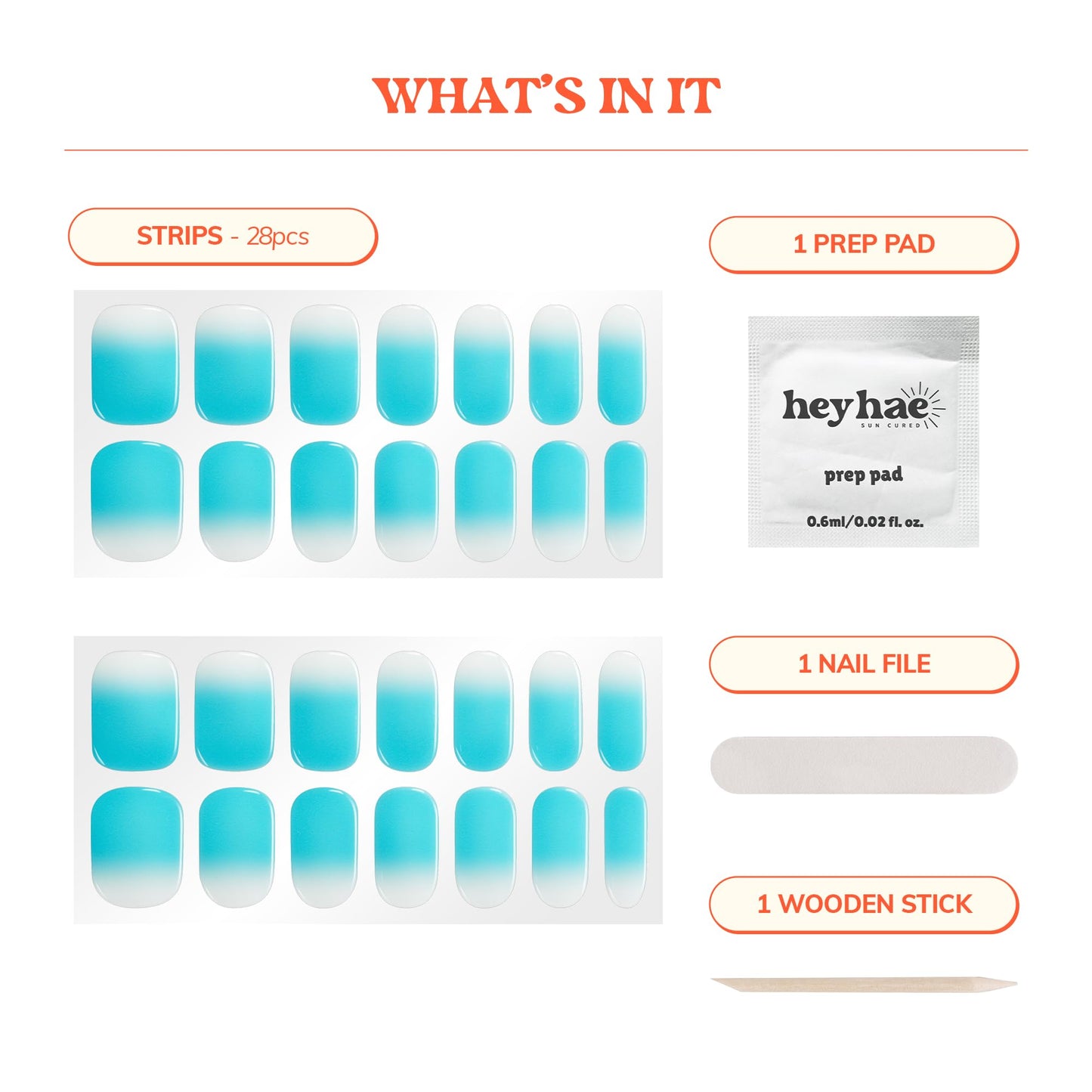 Heyhae Semi Cured Gel Nail Strips | No LED Lamp Needed | Ombre, Blue, Spring | Easy Apply & Remove, Salon Quality | Includes 28 Strips, 1 Prep Pads, Nail File & Wooden stick - Hey, Blue Me Away