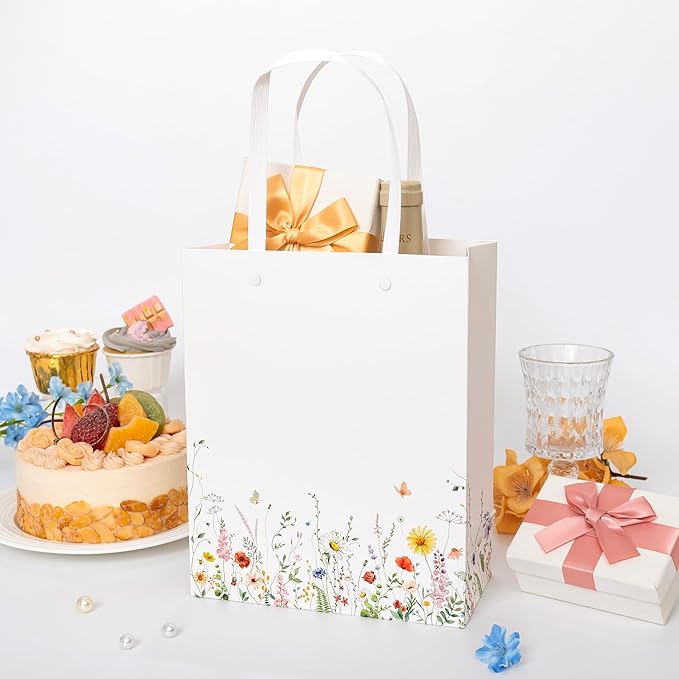 Crisky Paper Gift Bags with Handles, 25 Pack Wildflower Floral Gift Bags Medium Size for Wedding, Bridal Shower Gifts Bag, Baby Shower Party Favor, 10"x8"x4"