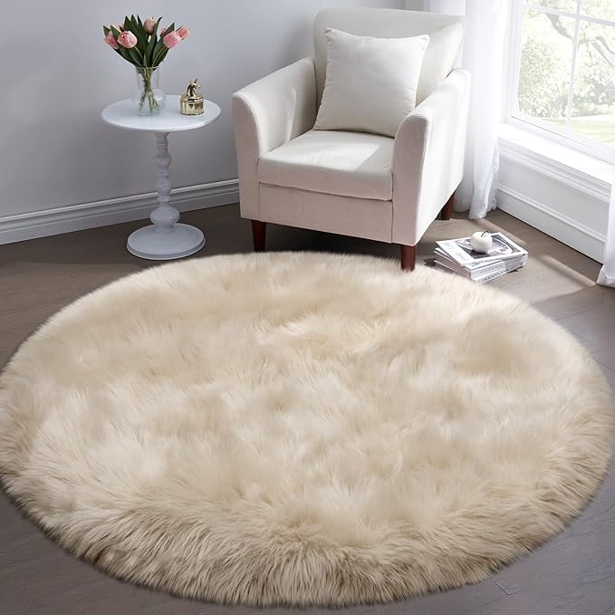 Tangsoo Round Faux Fur Rugs, Sheepskin Round Rugs 3ft, Soft Small Circle Rug, 3x3 Beige Fuzzy Plush Fur Rug, Shag Circular Rugs Floor Carpet for Bedroom, Kids Room, Nursery, Girls Room, Dorm