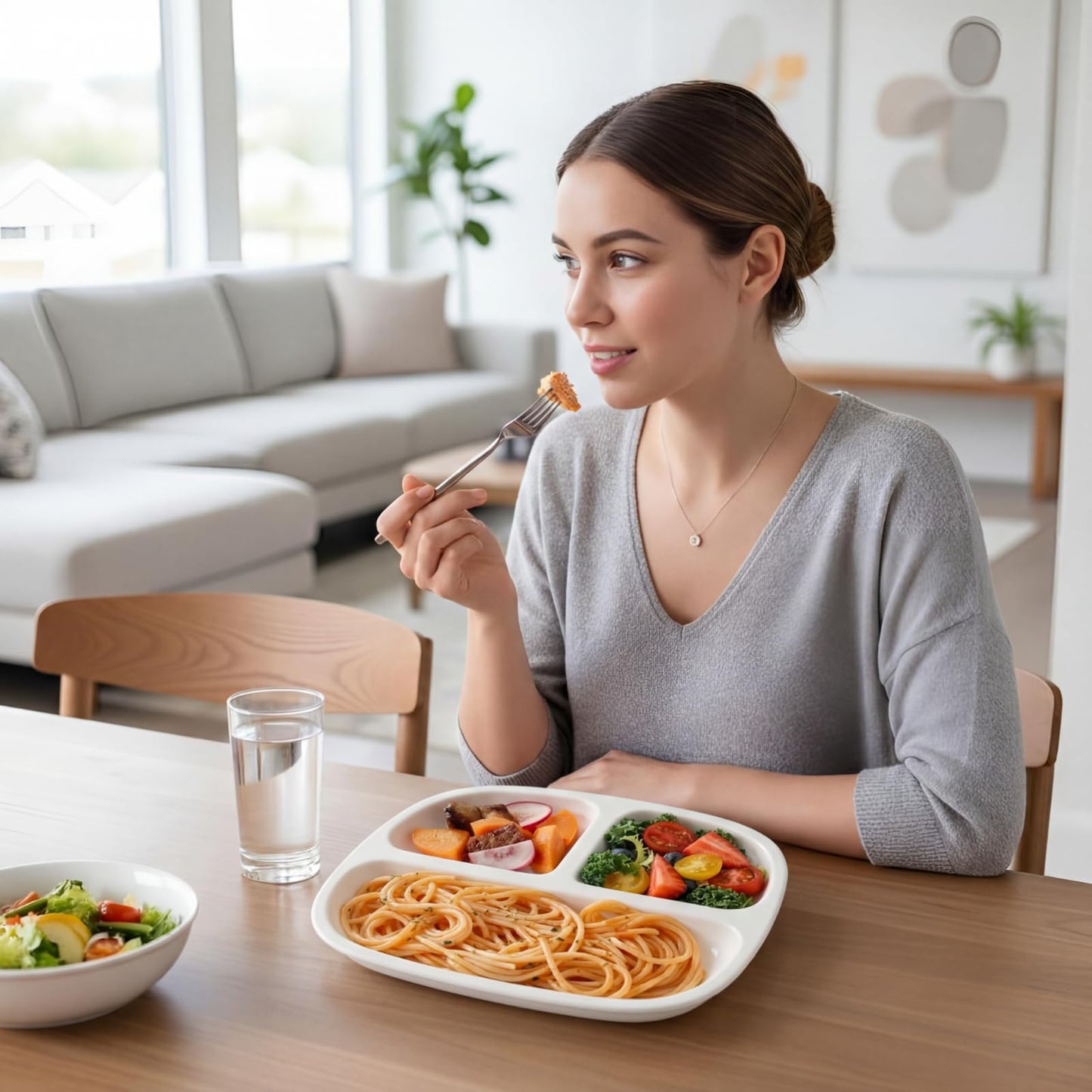 Lounsweer 4 Pack 8.58" Portion Control Plates White Rectangle Ceramic Porcelain Divided Plates Set for Rational Eating Healthy Diet Dinner 3 Compartment for Adults Microwave Dishwasher Safe