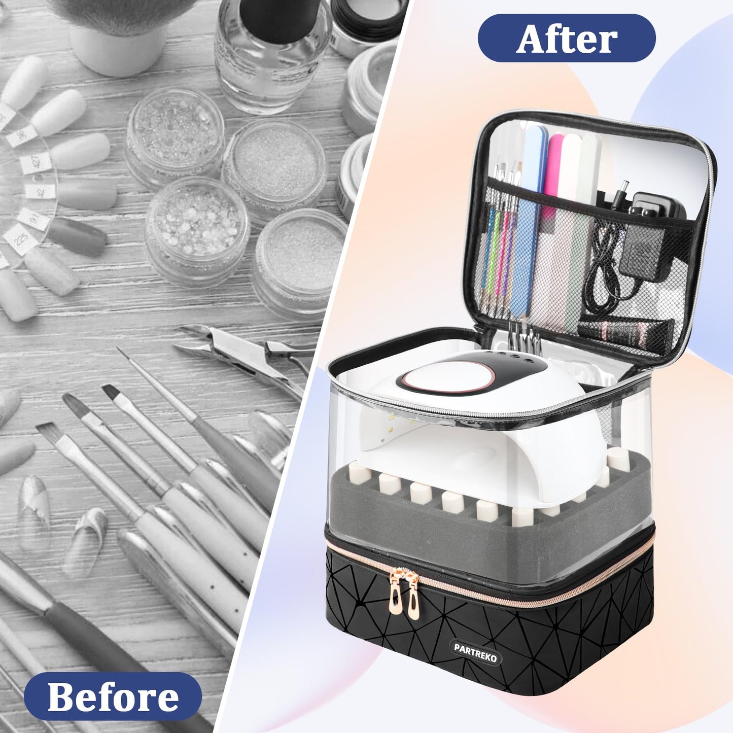 Partreko Clear Nail Polish Organizer Holds 60 Bottles (15ml/0.5fl.oz)& Nail Lamp, Double Layer Nail Supplies Organizer Case Transparent, PU Leather Nail kit Storage Bag for Manicure Tools (Black)