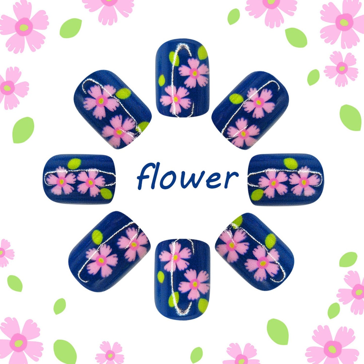 Short Square Press On Nails Spring Fake Nails With Pink Flower Design Blue False Nails Full Cover Artificial Reusable Cute Glue On Nail Acrylic Glossy Spring Stick On Nail For Women 24pcs