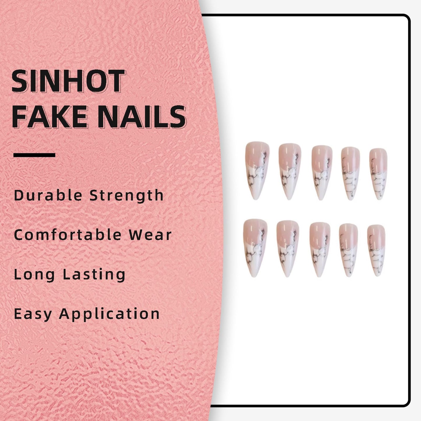 SINHOT Stiletto Press on Nails - Long Fake Nails, Glossy Finish, 3D Silver Chain & White French Tip, Reusable Artificial False Nail Art - 24 Pcs Nail Kit with Glue