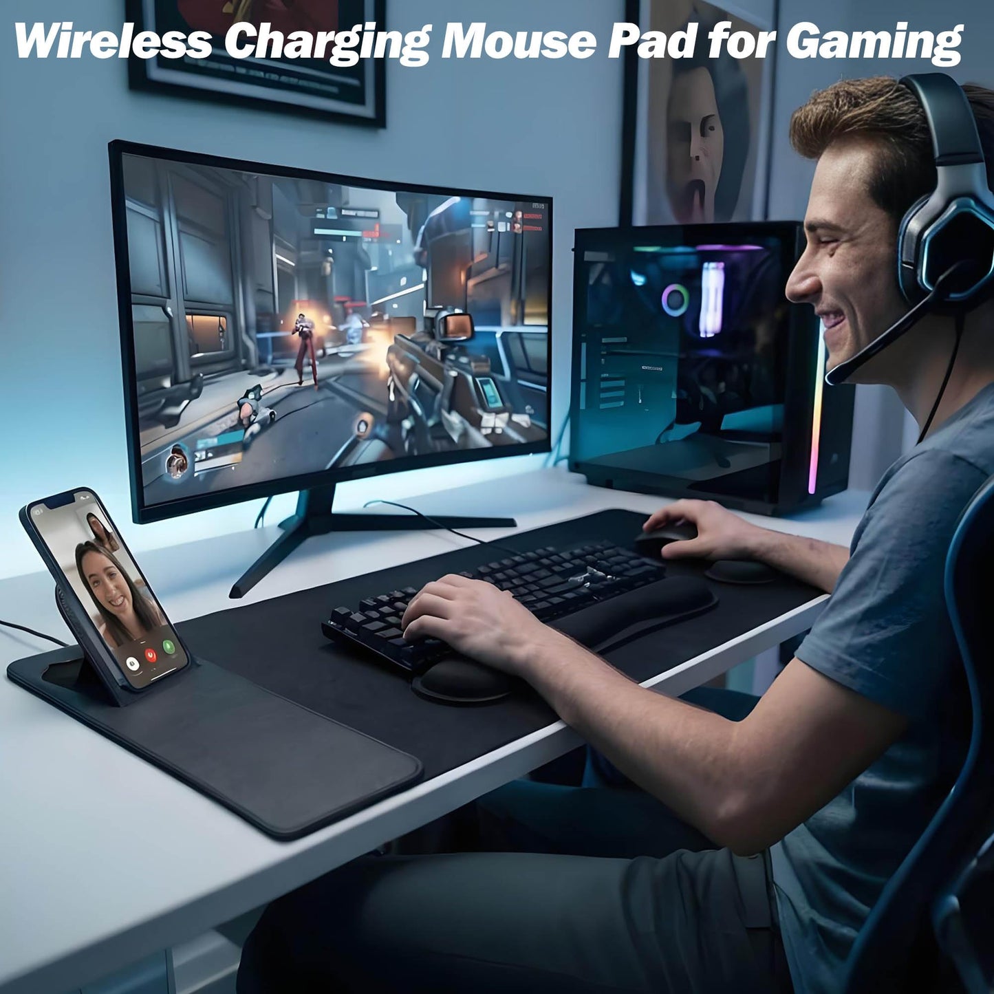 15W Fast Charging Desk Mouse Pad,View Angle Ergonomic Foldable Magnetic Phone Charger,35.4x15.7in PU Leather Large Wireless Charging Desk Mat with Keyboard & Mouse Wrist Rest for Gaming,Office,Mac