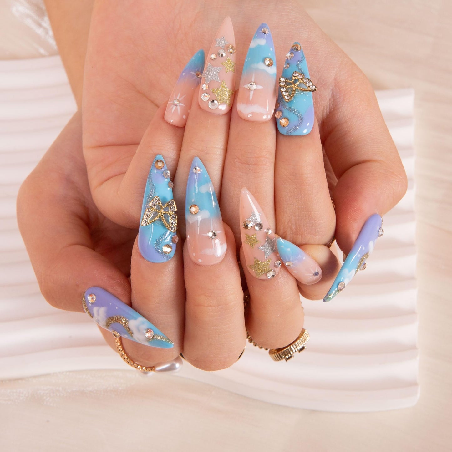 LOVFUL Press on Nails Dreamland | Handmade with Full Covered Crystals | Reusable Full Cover Nails | Stiletto Classic Regular 1.3 in | H350-M