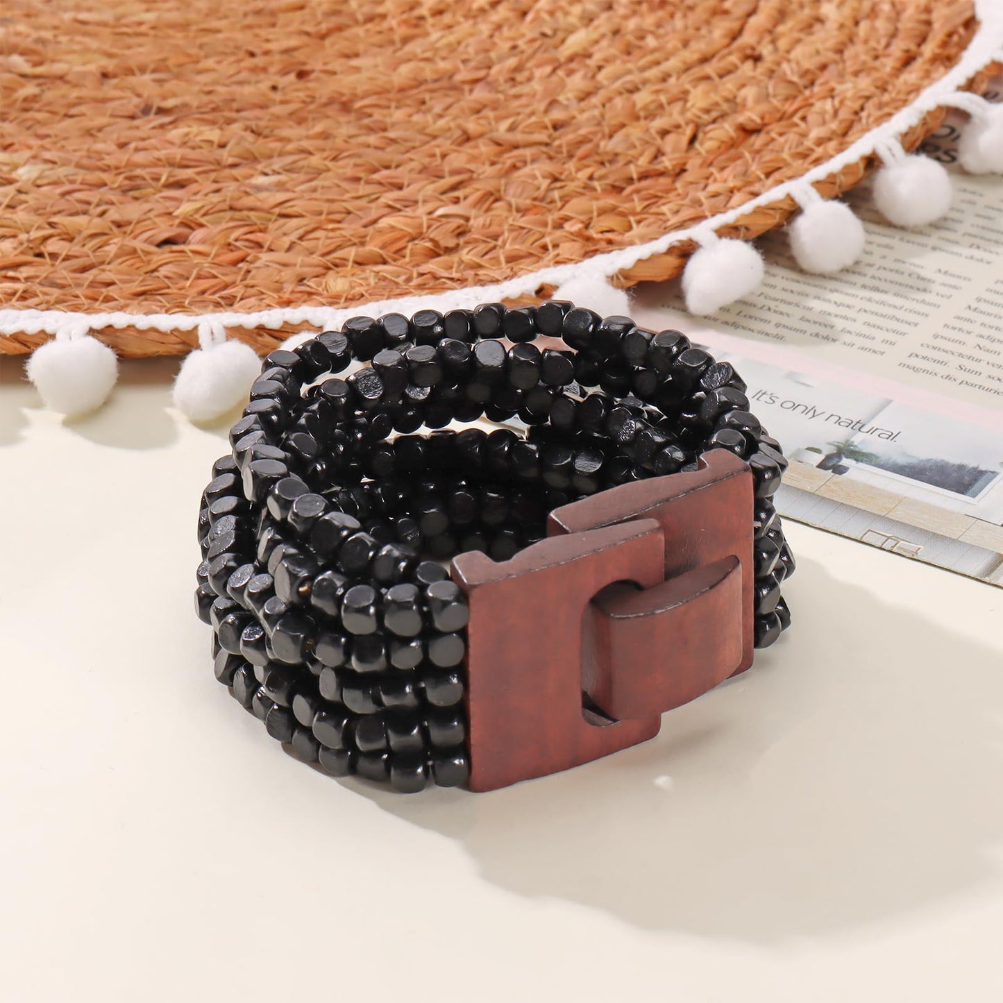 Coiris Boho Bangle Bracelets for Women Wooden Beaded Bracelets Chunky Bohemian Beach Bracelets Jewelry for Women(BR1235-Black)