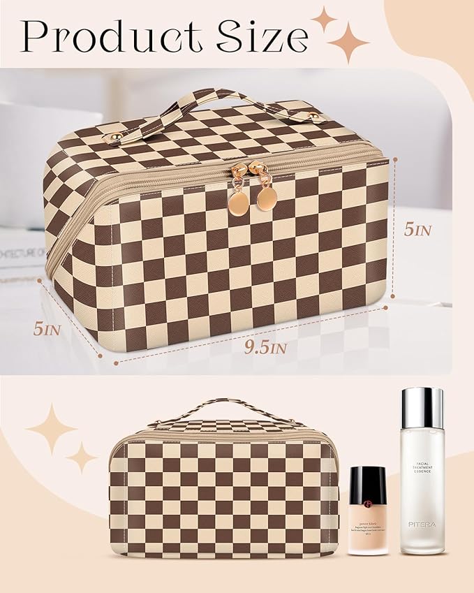 Bistup Makeup Bag Travel Cosmetic Bag Toiletry Make Up Bags Cute Women Large Capacity Big Medium Leather Checkered Plaid Brown Aesthetic Girl Teen Teenage Foldable Expandable Open Flat Zip