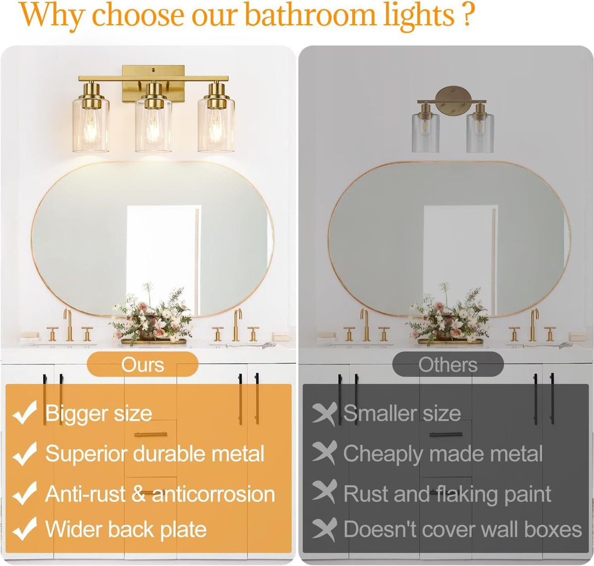 3-Light Vanity Lights with Clear Glass Shades, Brushed Gold Bathroom Light Fixtures Over Mirror, Modern Bathroom Wall Lamp for Mirror Living Room Cabinet Bedroom Porch