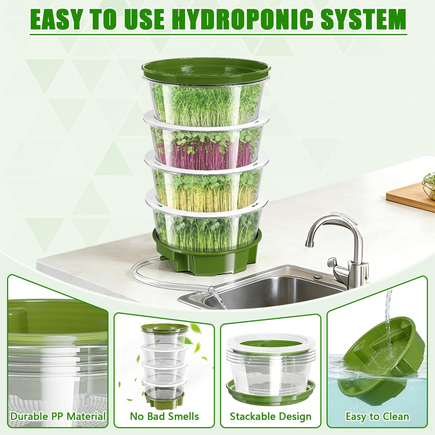 4-Tier Sprouts Growing Kit with Drain Hose & Ventilation Holes, Stackable Microgreens Growing Sprouting Trays Including Blackout Cover, Soil-Free Sprouter for Planting Broccoli Alfalfa Bean Seeds