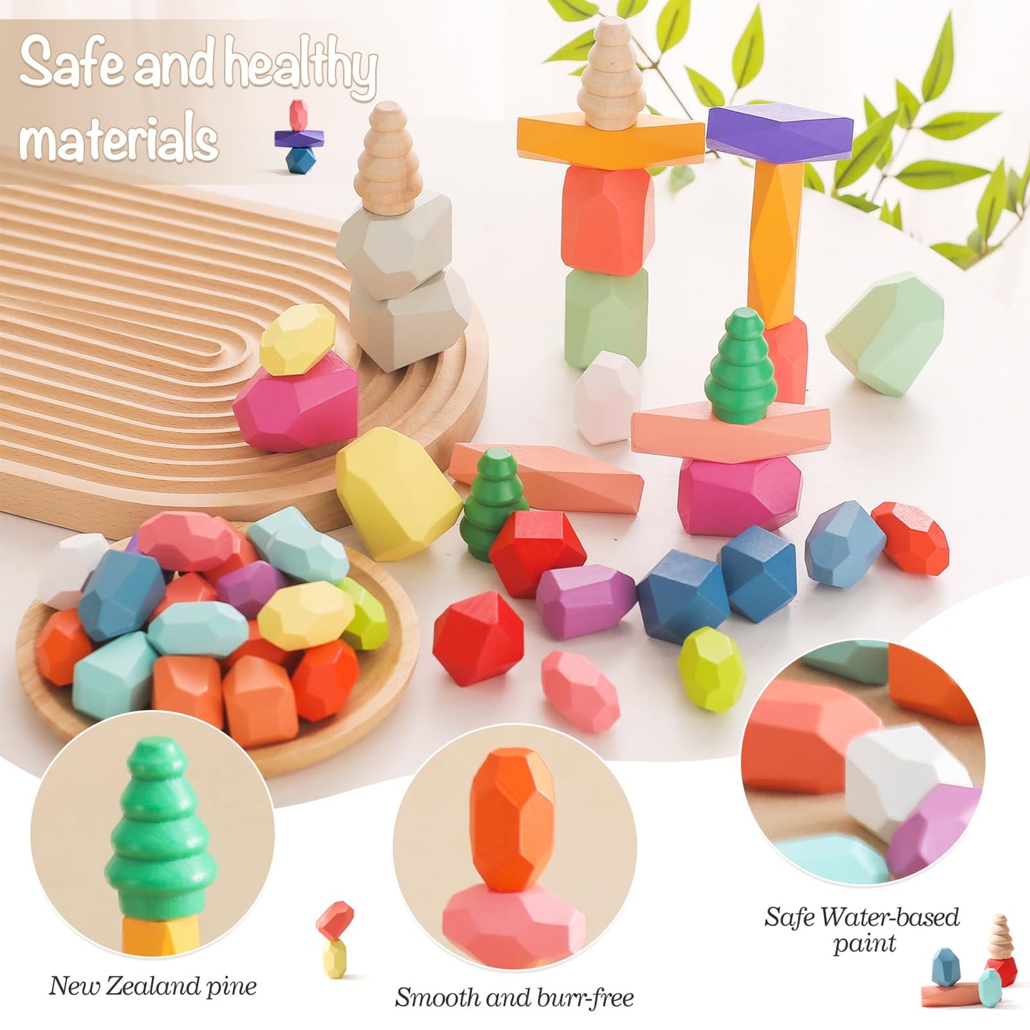 OESSUF Stacking Rocks 48Pcs Stacking Blocks Balancing Stacking Stones Wooden Building Toys Wood Stone Stacking Game for Toddler Sorting Preschool Educational Montessori Stacking Rocks for Kids