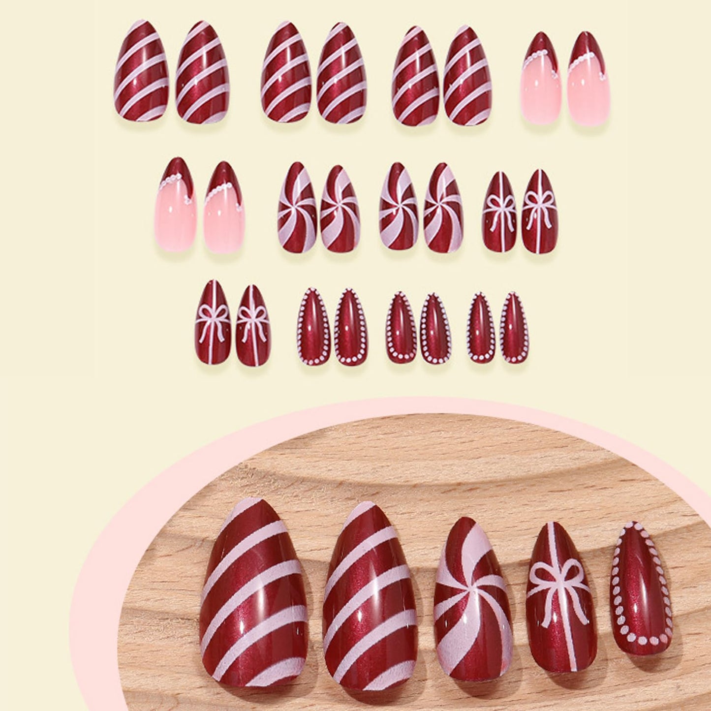 IMSOHOT Red Press on Nails Medium Almond Fake Nails Glossy Glue on Nails Full Cover Acrylic False Nails for Women Girls 24Pcs