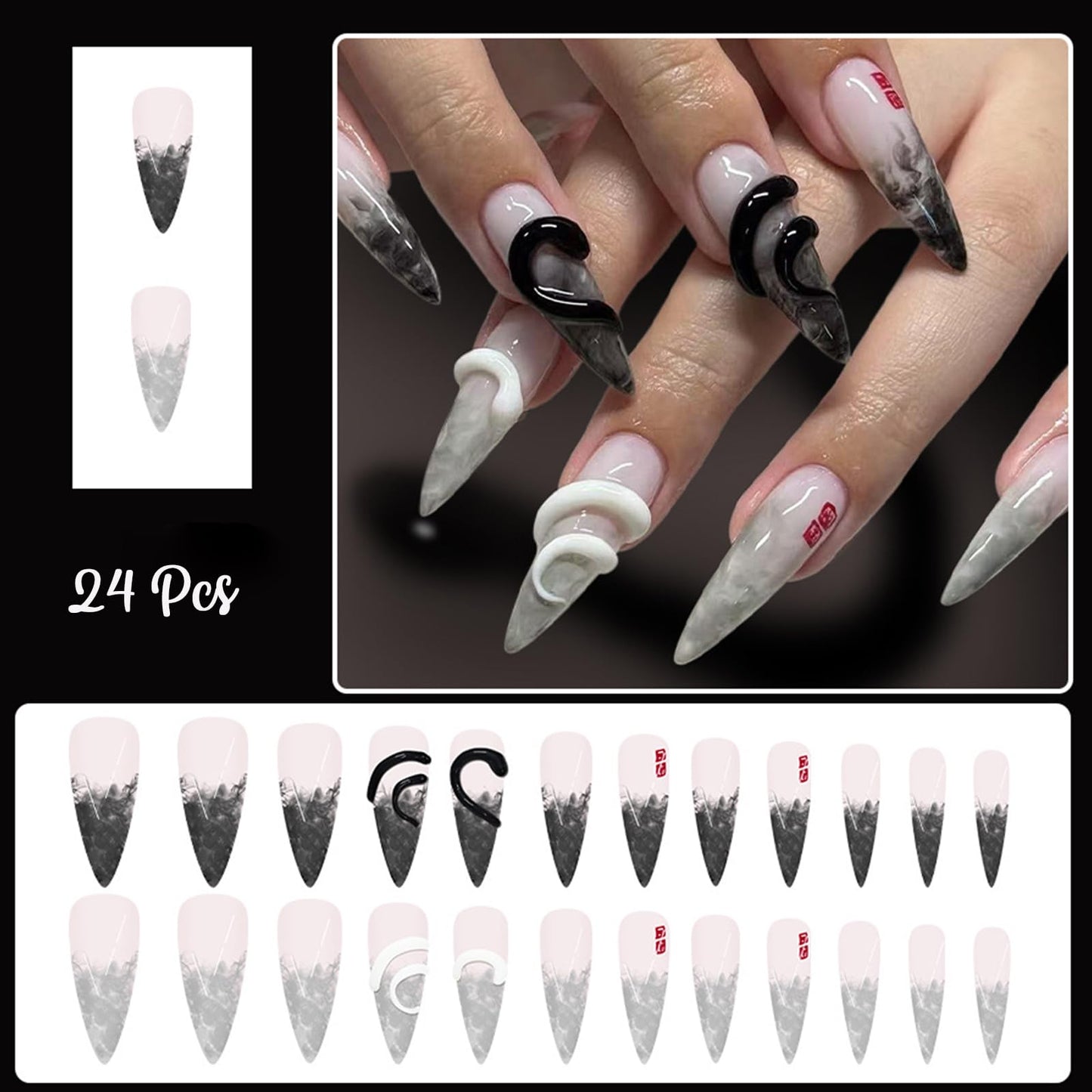 GCSQW Press on Nails Long Stiletto Fake Nails with 3D Snake Designs Halloween Glue on Nails Black Gradient Glossy Acrylic Nails Almond False Nails Stick on Nails for Women 24Pcs