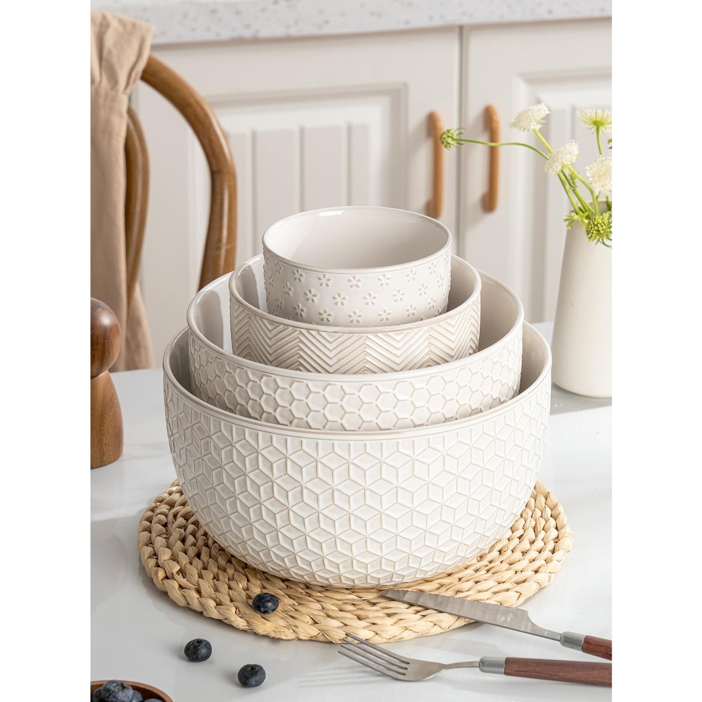 MIKIGEY Ceramic Mixing Bowls, Embossed Nesting Bowls Set of 4, Mixing Bowl Set for Serving, Baking, Cooking and Gift, Microwave and Dishwasher Safe, 20/47/99/148 oz, Off-White