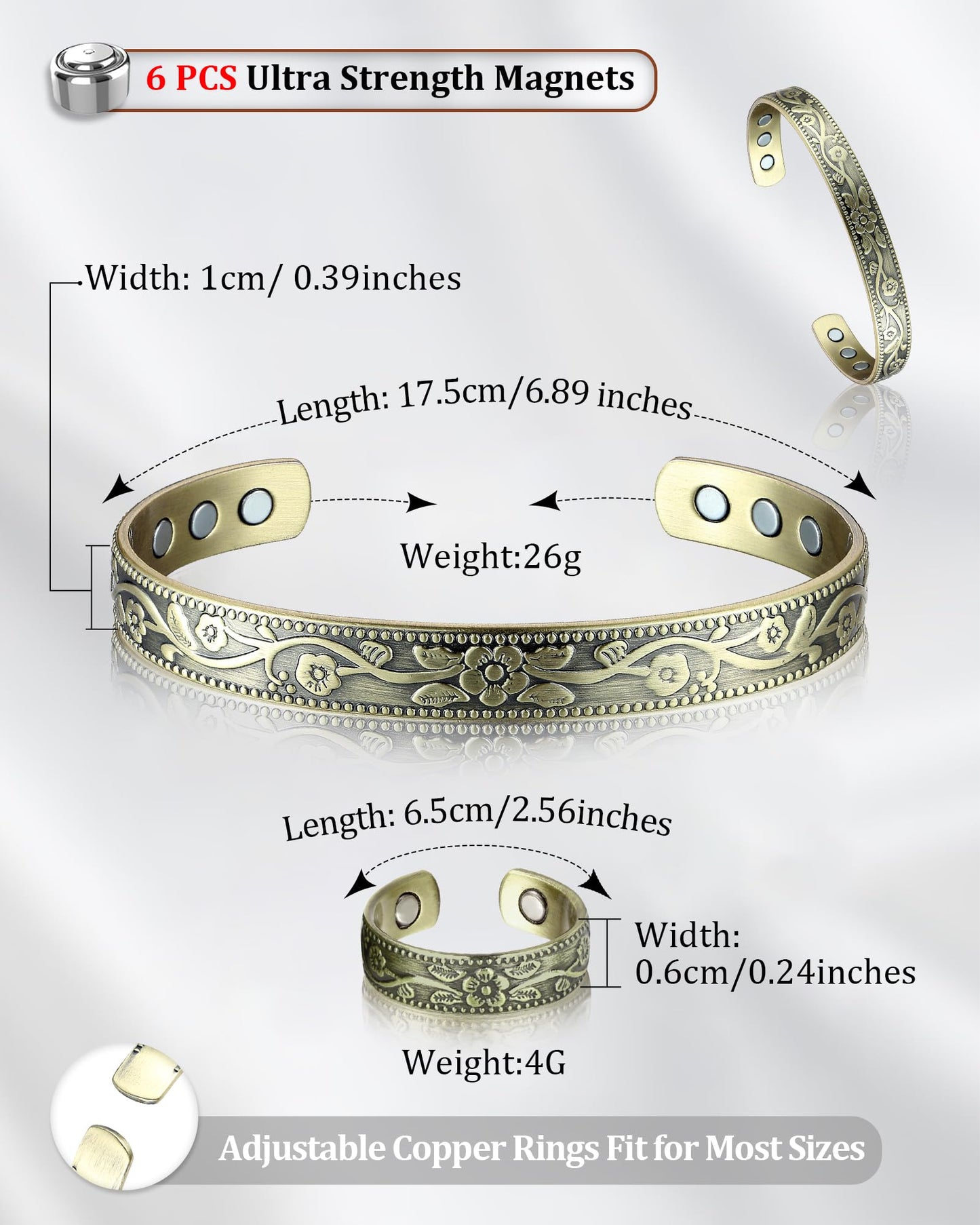 BioMag Copper Bracelet & Ring for Women, 99.99% Pure Copper Magnetic Bracelet Lymphatic Drainage Rings with 3500 Gauss Magnets, Adjustable & Flower Pattern (Antique Bronze Tone)