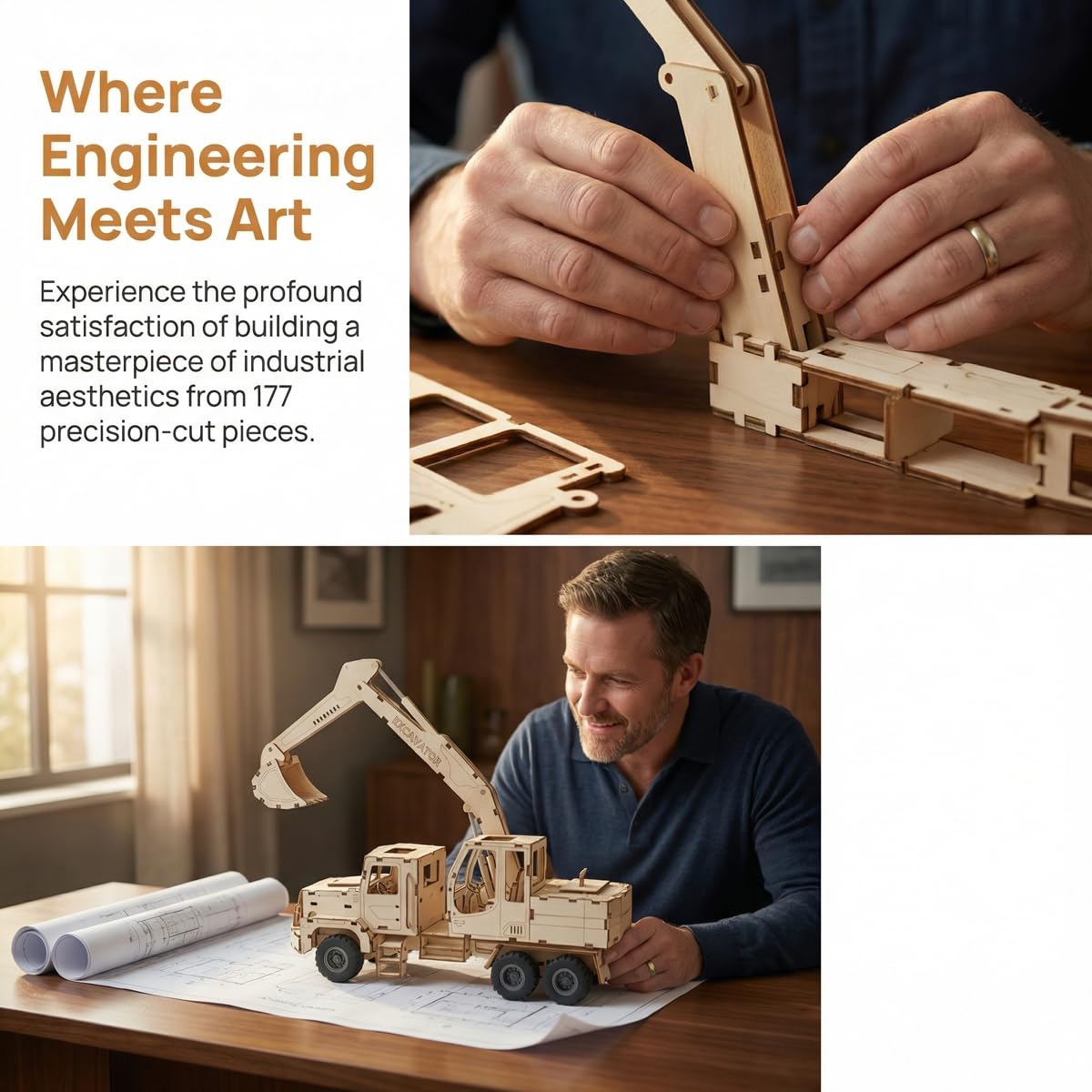 Adult 3D Wooden Excavator Assembly Kit, DIY Wind-Up Mechanical Model Building Set, Educational STEM Puzzle Desktop Toy, Ideal as a Birthday Gift or Decorative Display for Teens Aged 14 and Up.