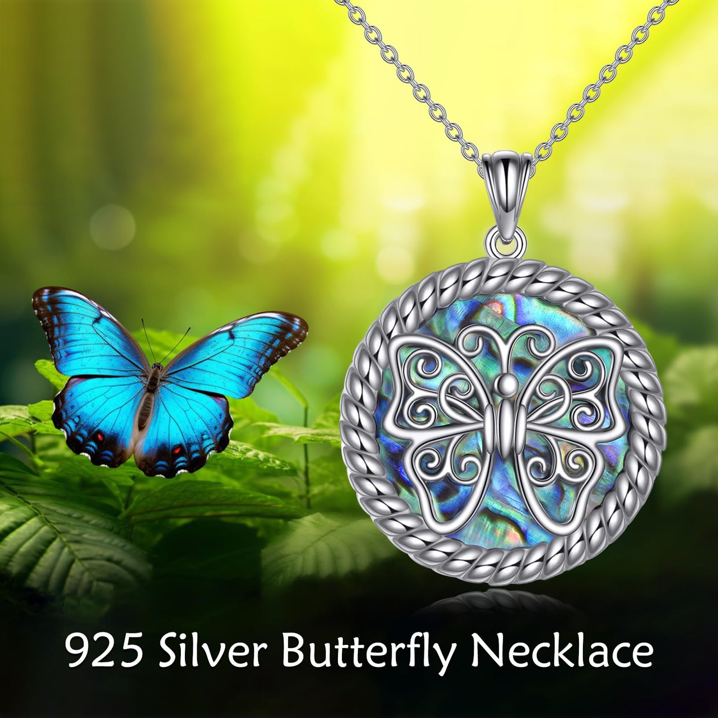 KQF Butterfly Necklace 925 Sterling Silver Filigree Butterfly Pendant Abalone Shell Jewelry Gift for Women Mom Daughter